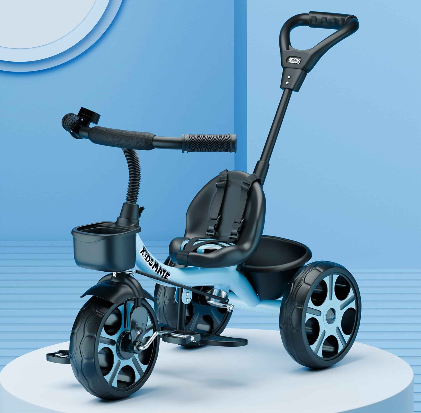 Kidsmate Xplorer 3-in-1 Tricycle for Kids | Durable Plug & Play Baby Trike with EVA Wheels, Safety Rail & Push Handle for Parents | Safe & Comfortable Ride for Toddlers 12-48 Months - Blue