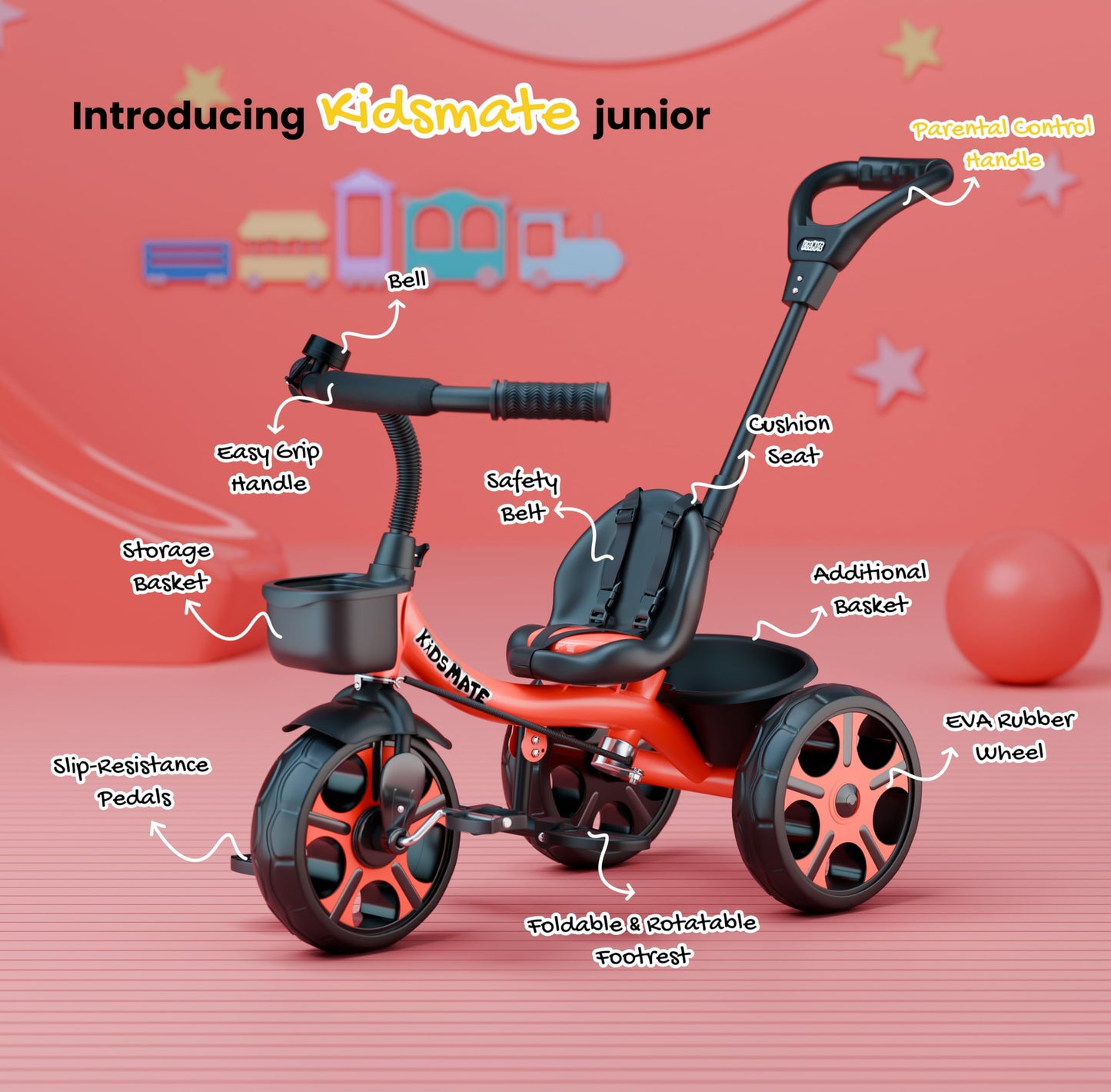Kidsmate Xplorer 3-in-1 Tricycle for Kids | Durable Plug & Play Baby Trike with EVA Wheels, Safety Rail & Push Handle for Parents | Safe & Comfortable Ride for Toddlers 12-48 Months