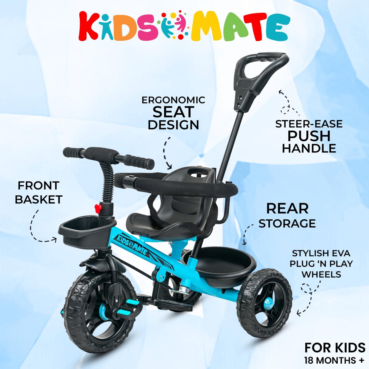 Kidsmate Xplorer 3-in-1 Tricycle for Kids | Durable Plug & Play Baby Trike with EVA Wheels, Safety Rail & Push Handle for Parents | Safe & Comfortable Ride for Toddlers 12-48 Months