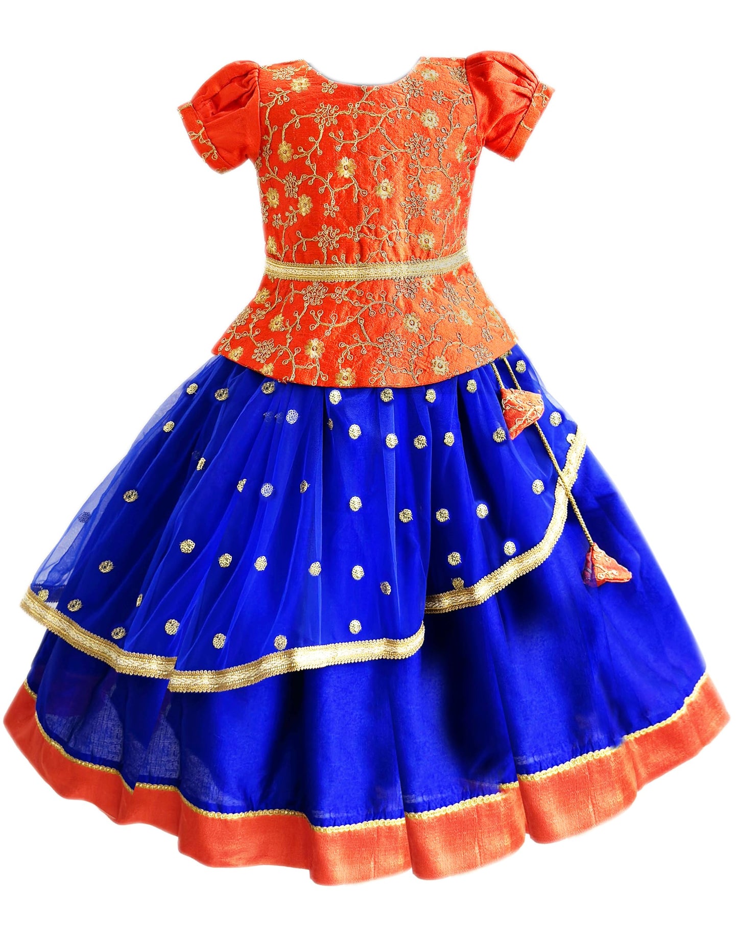 Stanwells Kids Girls Orange & Magenta Mirror Work Flared Net Sleeveless Lehenga Choli Set Pattupavadai for Girls