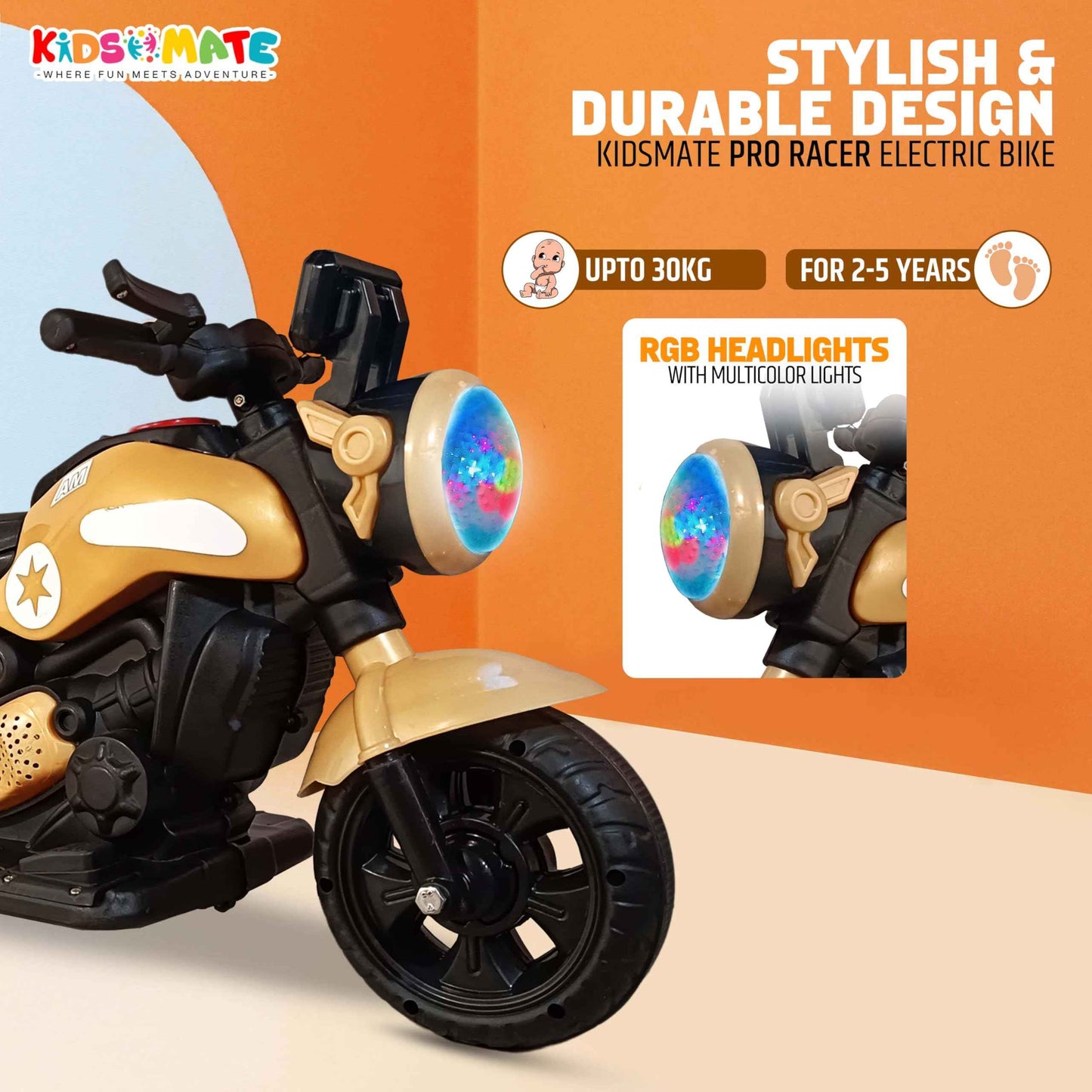 Kidsmate Urban Cruiser Electric Ride-On Bike for Kids | Stylish Chopper Design with LED Lights, Music & USB Bluetooth | 6V Battery-Powered Kids Motor Bike for Boys & Girls 1-5 Yrs - Red