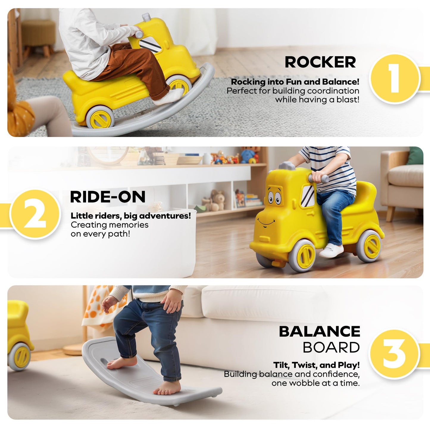 Happy Bear 3-in-1 Rock and Roll Ride-On | Push Car for 1 – 5 Years | Rocking Horse for Toddlers | Balance Board | Safe, Sturdy & Fun Indoor Toy - Yellow