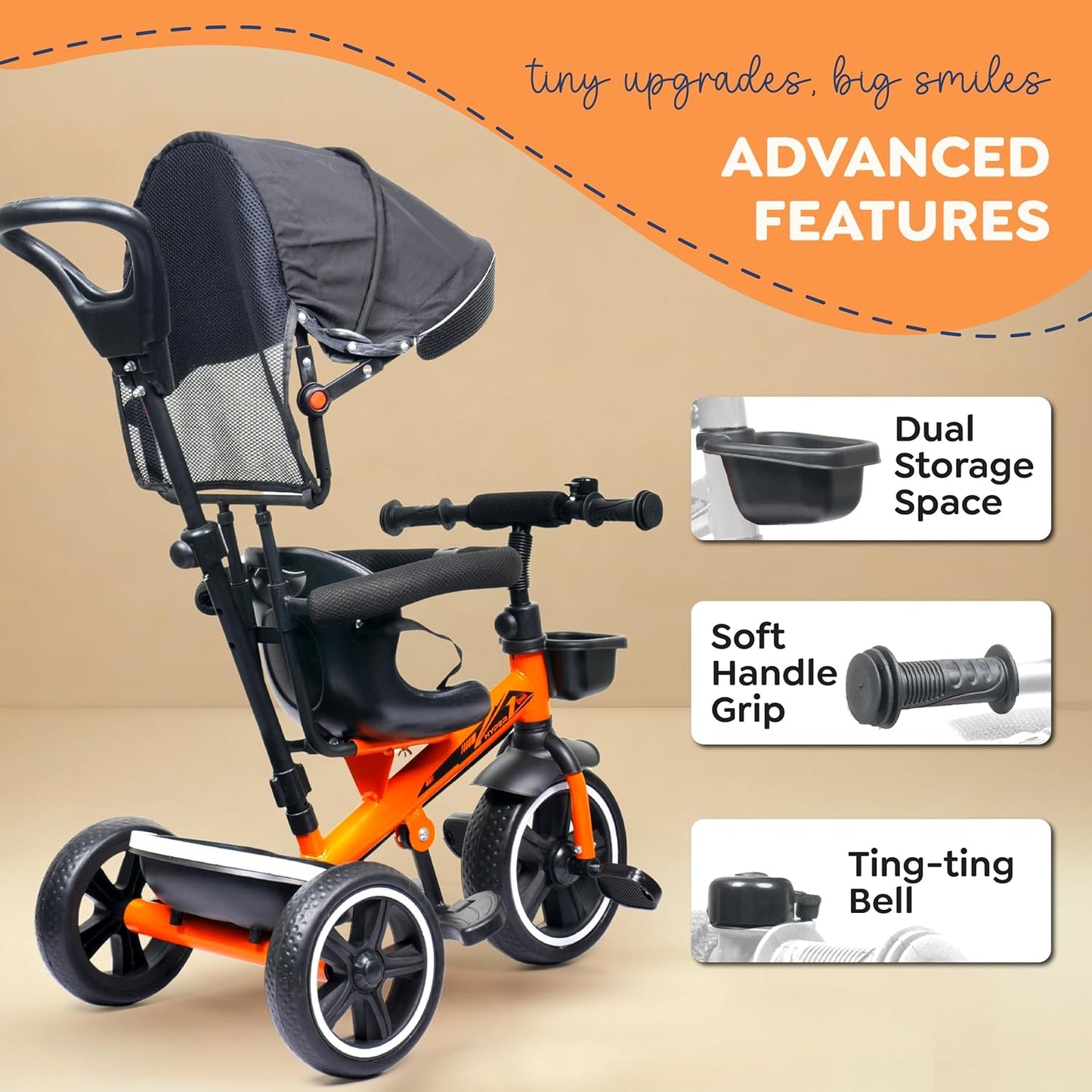 Luusa® TFT Hyper 500 PRO Canopy Plug N Play Tricycle/Baby Tricycle with Parental Control for Age Group 2+ Years Boys/Girls/Carrying Capacity Upto 30-KGS Proudly Made in India (ICE-Blue)