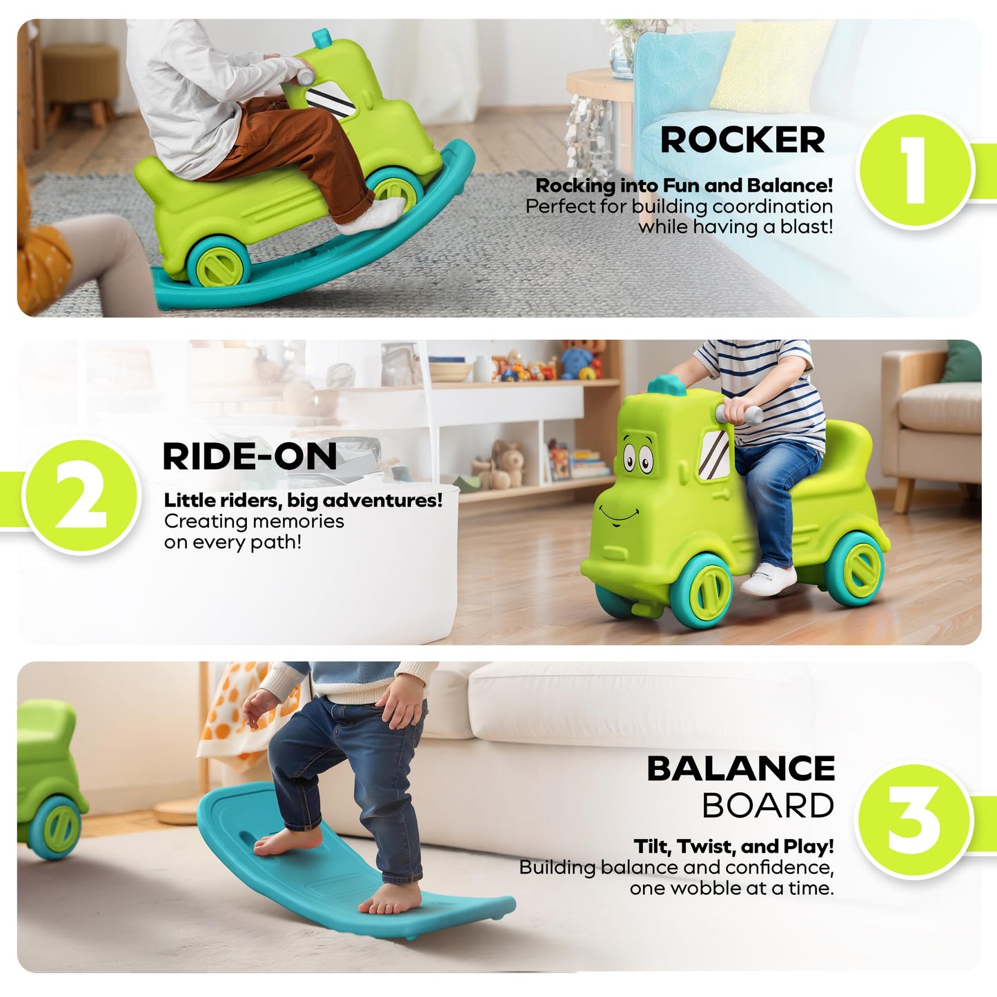 Happy Bear 3-in-1 Rock and Roll Ride-On | Push Car for 1 – 5 Years | Rocking Horse for Toddlers | Balance Board | Safe, Sturdy & Fun Indoor Toy - Yellow