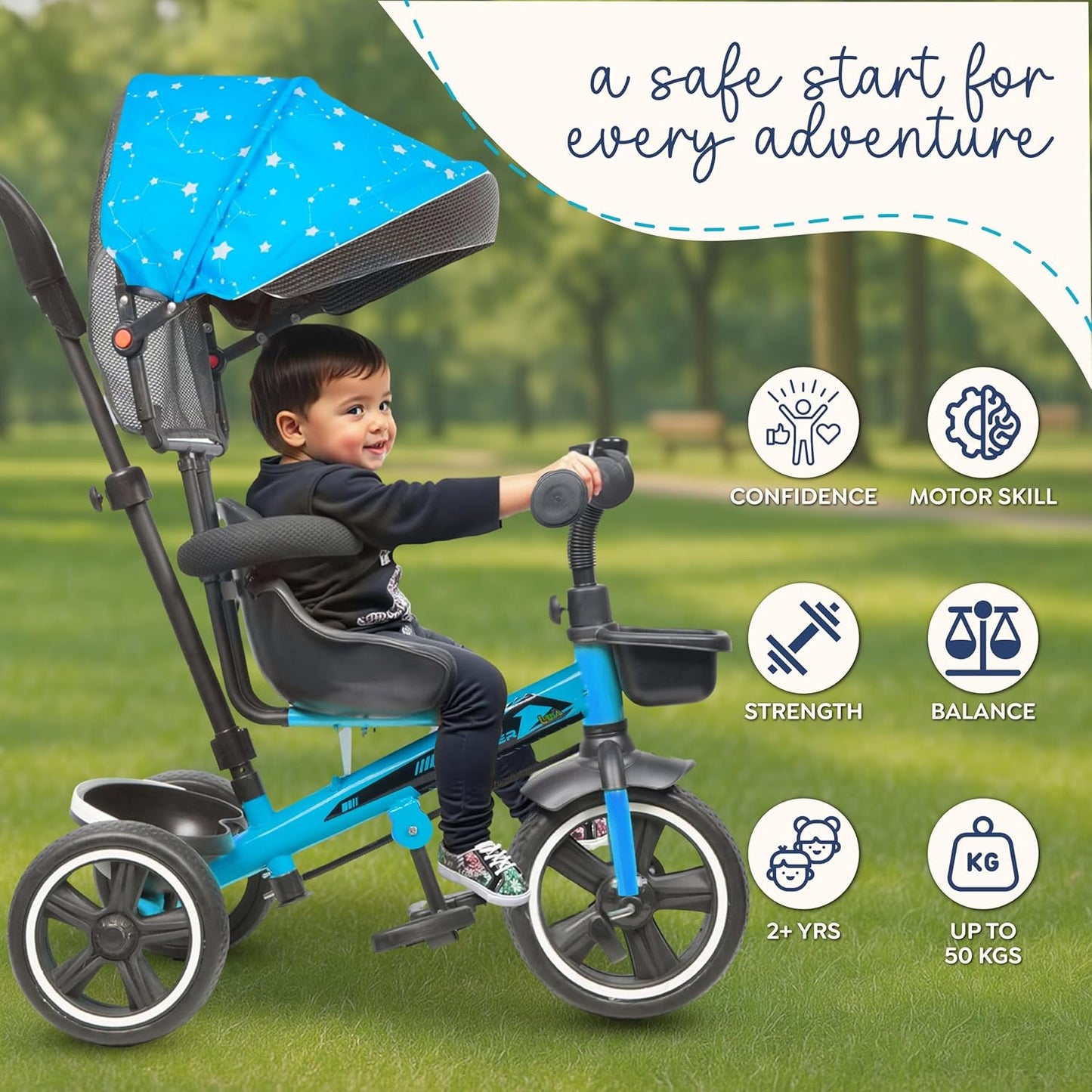 Luusa® TFT Hyper 500 PRO Canopy Plug N Play Tricycle/Baby Tricycle with Parental Control for Age Group 2+ Years Boys/Girls/Carrying Capacity Upto 30-KGS Proudly Made in India (ICE-Blue)