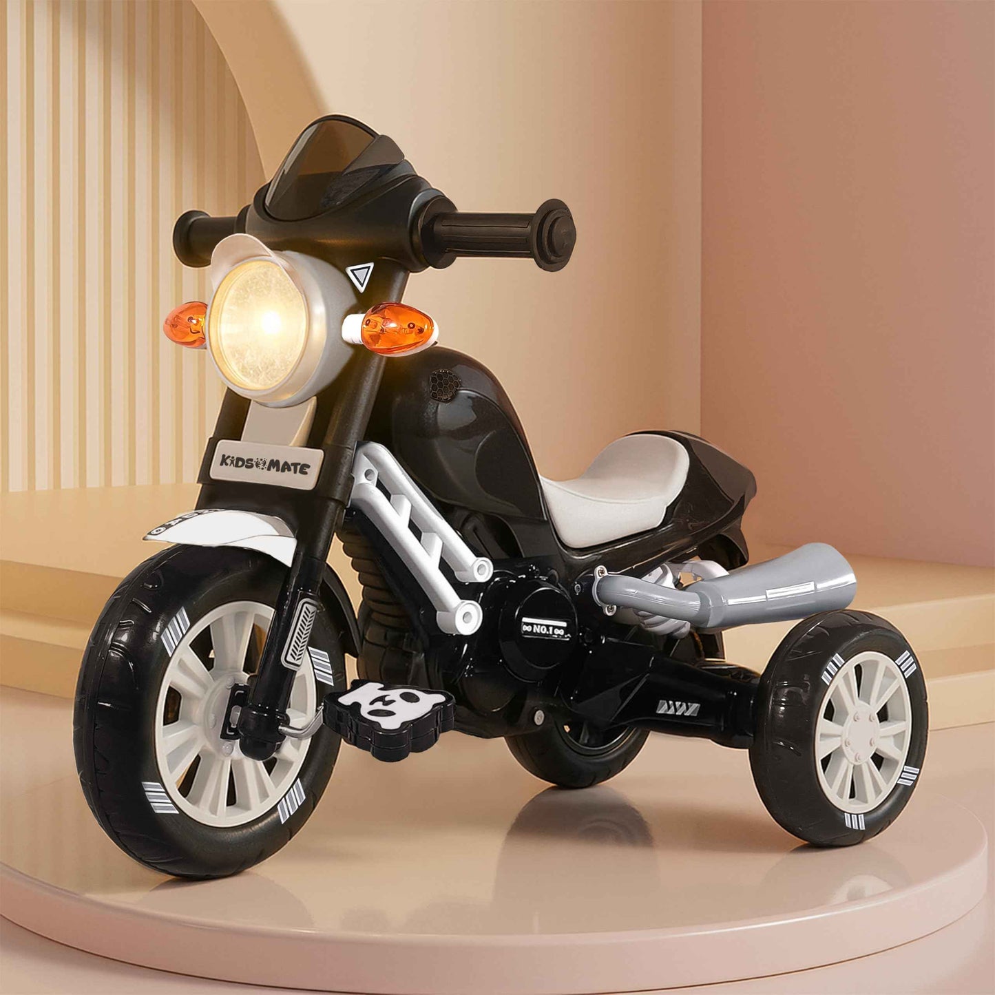 Kidsmate Turbo Bike Pedal Tricycle for Kids | Musical Horn & Lights | Ages 3-6 | Black-White