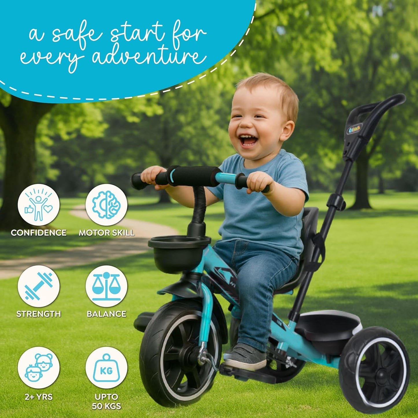 Luusa® TFT Hyper 500 PRO Canopy Plug N Play Tricycle/Baby Tricycle with Parental Control for Age Group 2+ Years Boys/Girls/Carrying Capacity Upto 30-KGS Proudly Made in India (ICE-Blue)