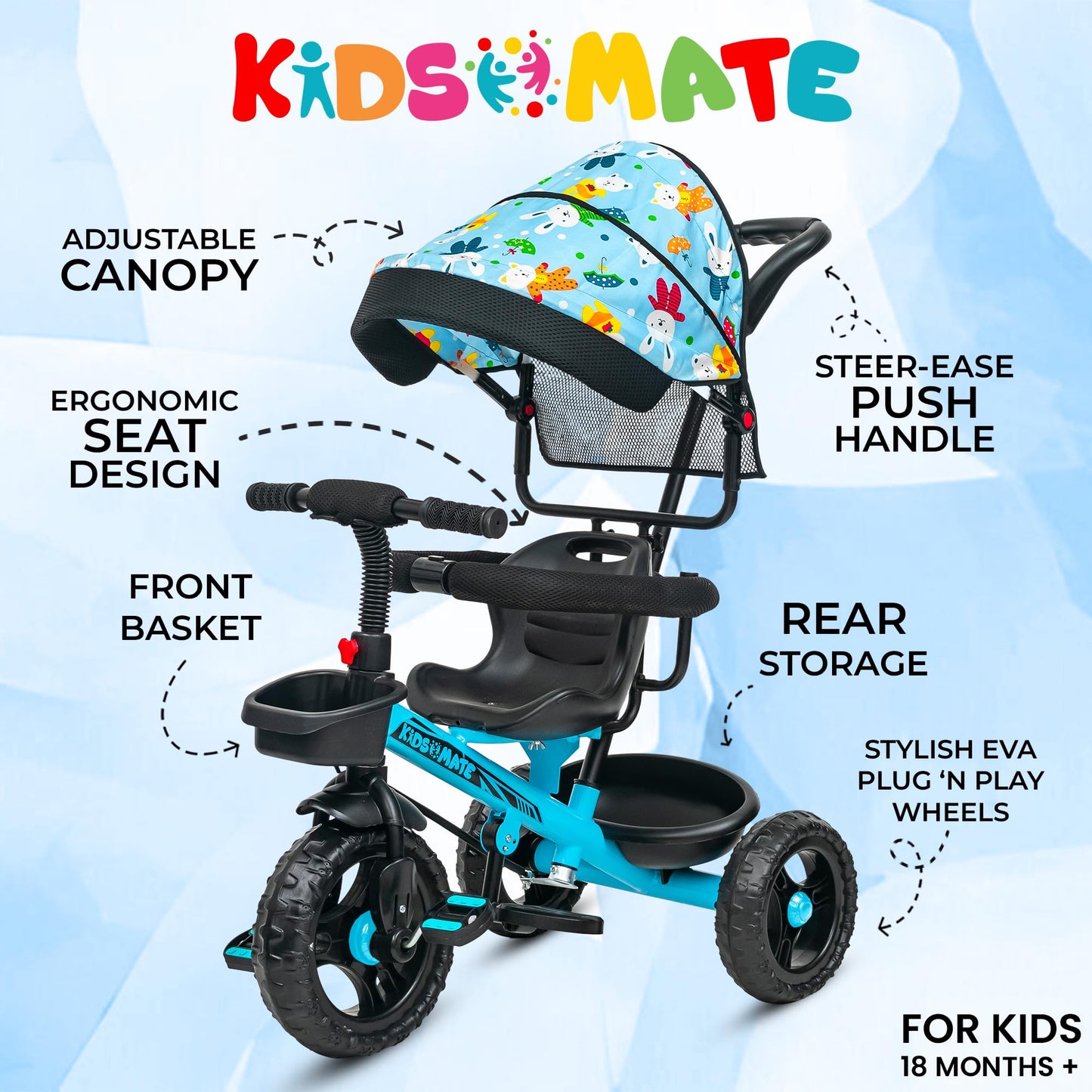 Kidsmate Xplorer 3-in-1 Tricycle for Kids | Durable Plug & Play Baby Trike with EVA Wheels, Safety Rail & Push Handle for Parents | Safe & Comfortable Ride for Toddlers 12-48 Months
