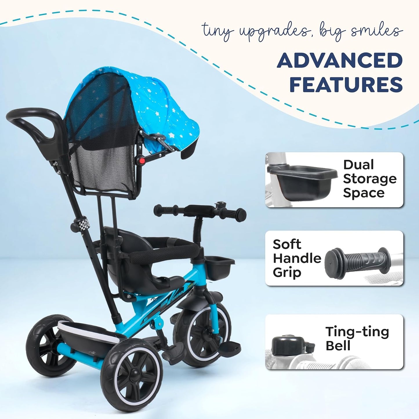 Luusa® TFT Hyper 500 PRO Canopy Plug N Play Tricycle/Baby Tricycle with Parental Control for Age Group 2+ Years Boys/Girls/Carrying Capacity Upto 30-KGS Proudly Made in India (ICE-Blue)