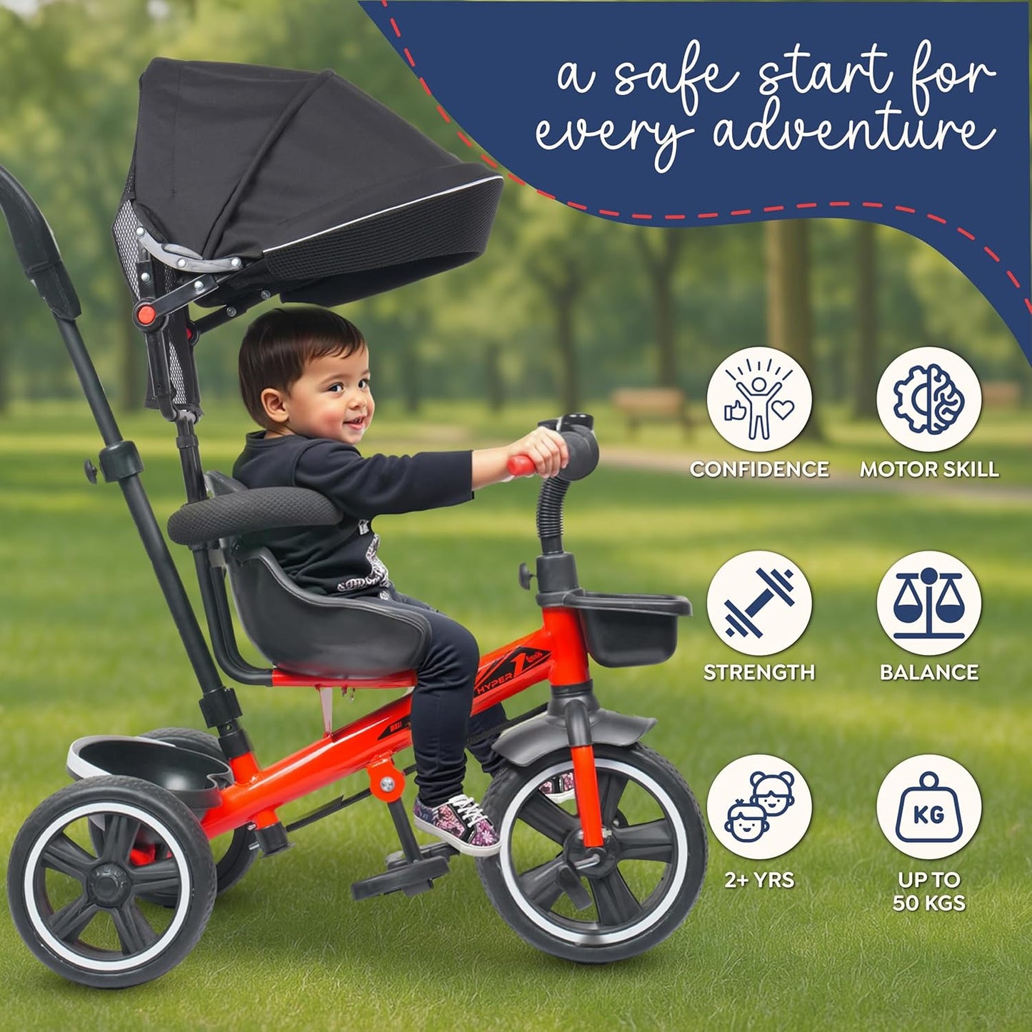 Luusa® TFT Hyper 500 PRO Canopy Plug N Play Tricycle/Baby Tricycle with Parental Control for Age Group 2+ Years Boys/Girls/Carrying Capacity Upto 30-KGS Proudly Made in India (ICE-Blue)