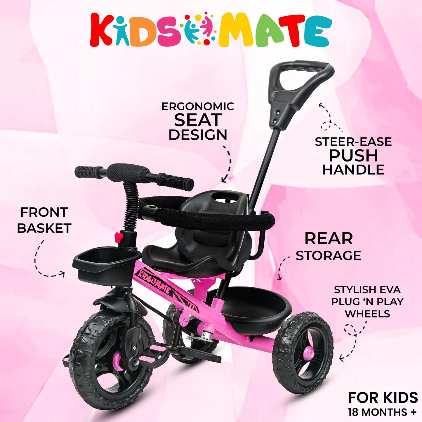 Kidsmate Xplorer 3-in-1 Tricycle for Kids | Durable Plug & Play Baby Trike with EVA Wheels, Safety Rail & Push Handle for Parents | Safe & Comfortable Ride for Toddlers 12-48 Months