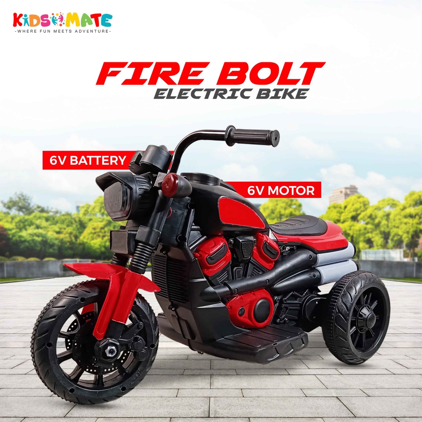 Kidsmate Urban Cruiser Electric Ride-On Bike for Kids | Stylish Chopper Design with LED Lights, Music & USB Bluetooth | 6V Battery-Powered Kids Motor Bike for Boys & Girls 1-5 Yrs - Red
