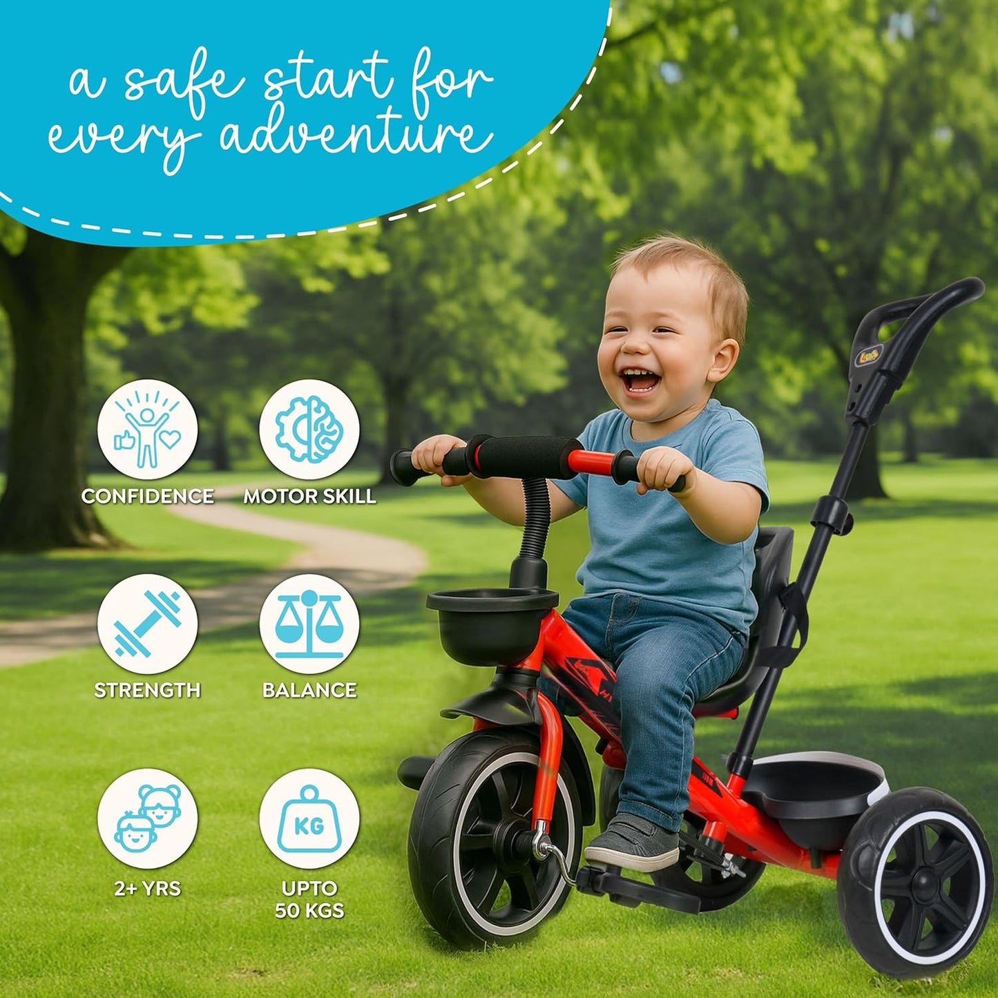 Luusa® TFT Hyper 500 PRO Canopy Plug N Play Tricycle/Baby Tricycle with Parental Control for Age Group 2+ Years Boys/Girls/Carrying Capacity Upto 30-KGS Proudly Made in India (ICE-Blue)
