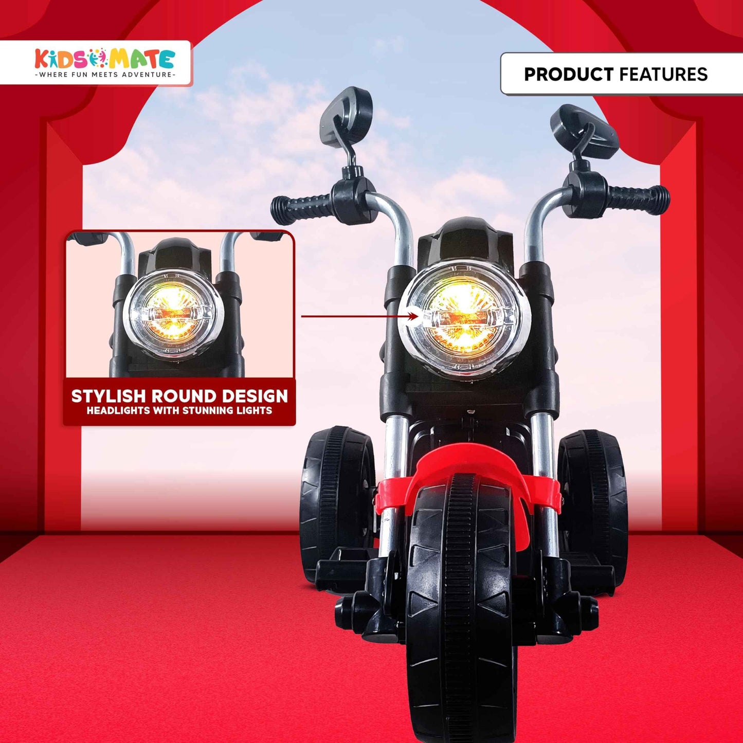Kidsmate X-Power Ultimate Fun Electric Bike for Kids | 6V 4AH Battery, Dual Suspension with LED Lights & Comfy Backrest | Battery Bike for Kids for Ages 1-5 Years - Red