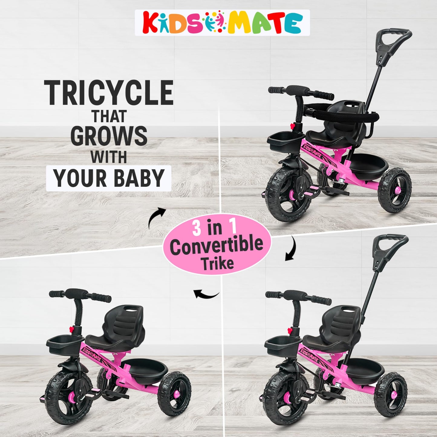 Kidsmate Xplorer 3-in-1 Tricycle for Kids | Durable Plug & Play Baby Trike with EVA Wheels, Safety Rail & Push Handle for Parents | Safe & Comfortable Ride for Toddlers 12-48 Months