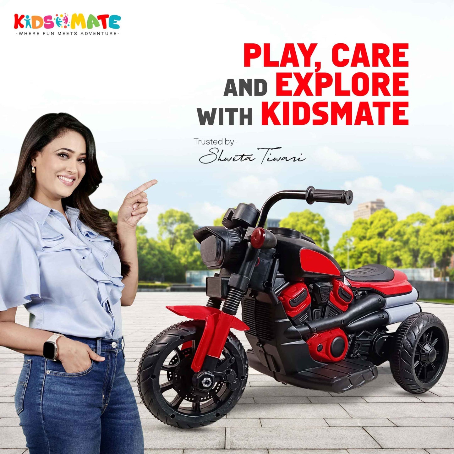Kidsmate Urban Cruiser Electric Ride-On Bike for Kids | Stylish Chopper Design with LED Lights, Music & USB Bluetooth | 6V Battery-Powered Kids Motor Bike for Boys & Girls 1-5 Yrs - Red