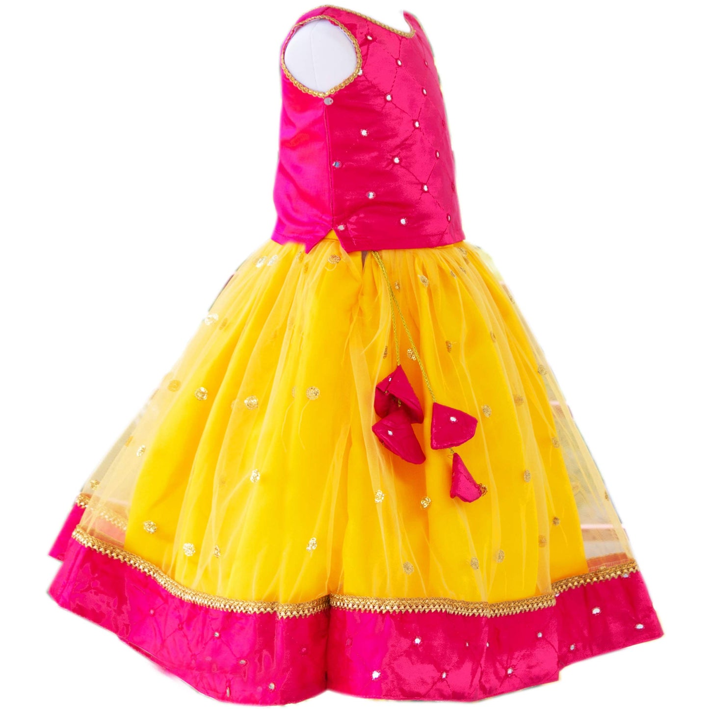 Stanwells Kids Girls Orange & Magenta Mirror Work Flared Net Sleeveless Lehenga Choli Set Pattupavadai for Girls