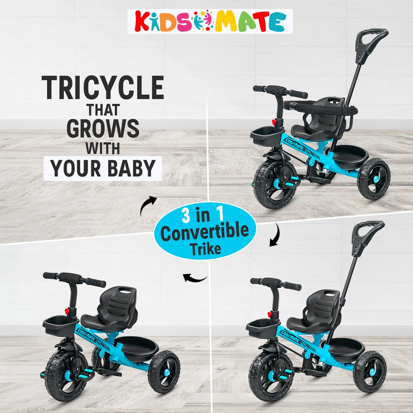 Kidsmate Xplorer 3-in-1 Tricycle for Kids | Durable Plug & Play Baby Trike with EVA Wheels, Safety Rail & Push Handle for Parents | Safe & Comfortable Ride for Toddlers 12-48 Months