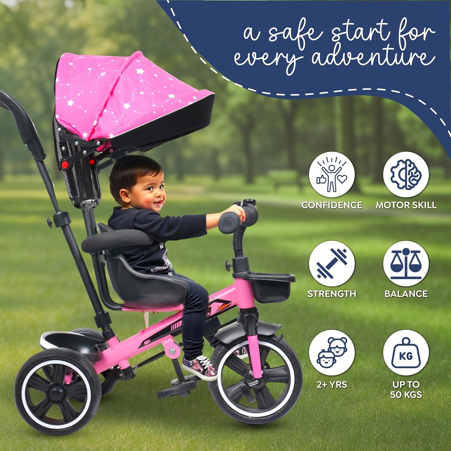 Luusa® TFT Hyper 500 PRO Canopy Plug N Play Tricycle/Baby Tricycle with Parental Control for Age Group 2+ Years Boys/Girls/Carrying Capacity Upto 30-KGS Proudly Made in India (ICE-Blue)