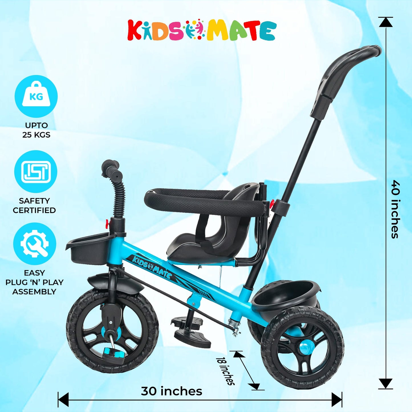 Kidsmate Xplorer 3-in-1 Tricycle for Kids | Durable Plug & Play Baby Trike with EVA Wheels, Safety Rail & Push Handle for Parents | Safe & Comfortable Ride for Toddlers 12-48 Months