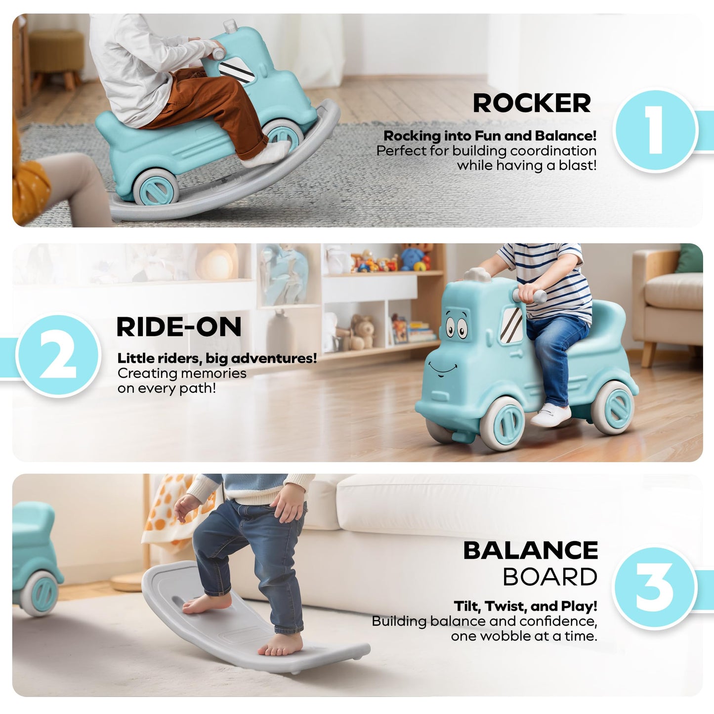 Happy Bear 3-in-1 Rock and Roll Ride-On | Push Car for 1 – 5 Years | Rocking Horse for Toddlers | Balance Board | Safe, Sturdy & Fun Indoor Toy - Yellow