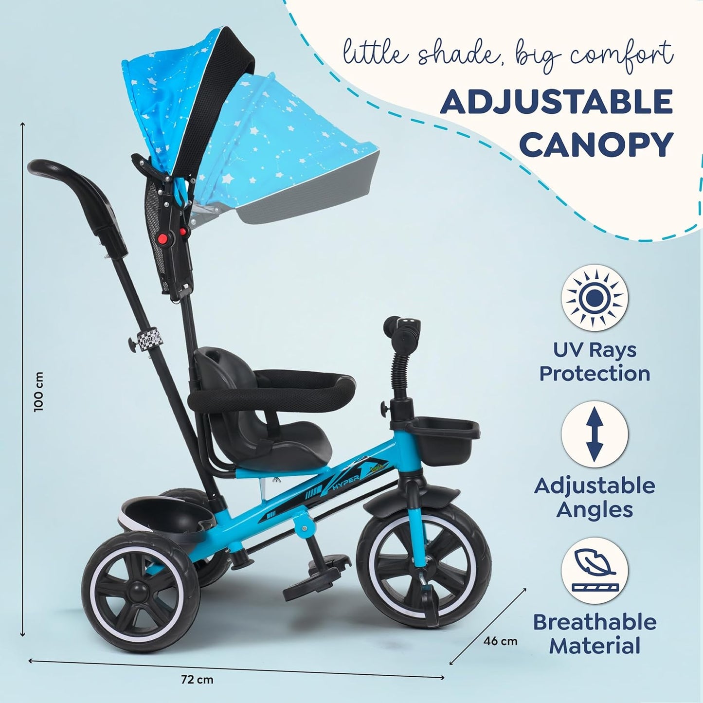 Luusa® TFT Hyper 500 PRO Canopy Plug N Play Tricycle/Baby Tricycle with Parental Control for Age Group 2+ Years Boys/Girls/Carrying Capacity Upto 30-KGS Proudly Made in India (ICE-Blue)