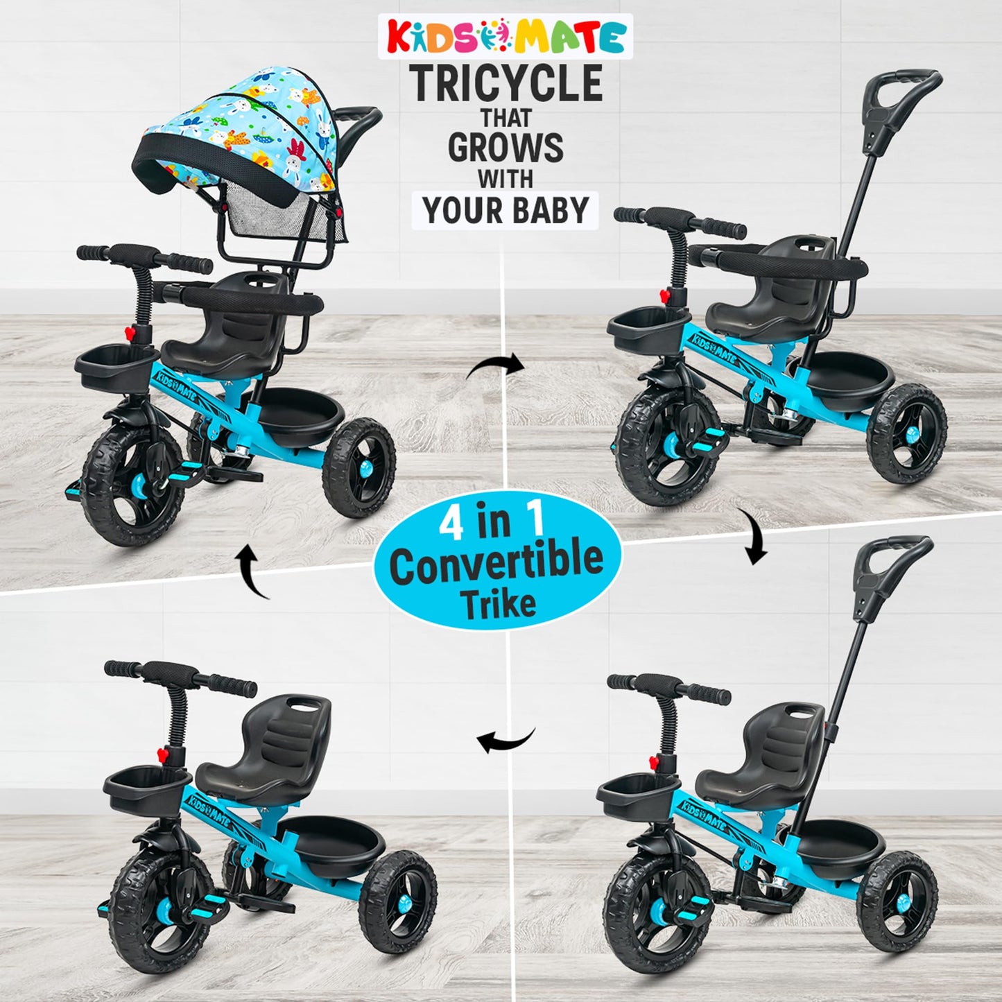 Kidsmate Xplorer 3-in-1 Tricycle for Kids | Durable Plug & Play Baby Trike with EVA Wheels, Safety Rail & Push Handle for Parents | Safe & Comfortable Ride for Toddlers 12-48 Months