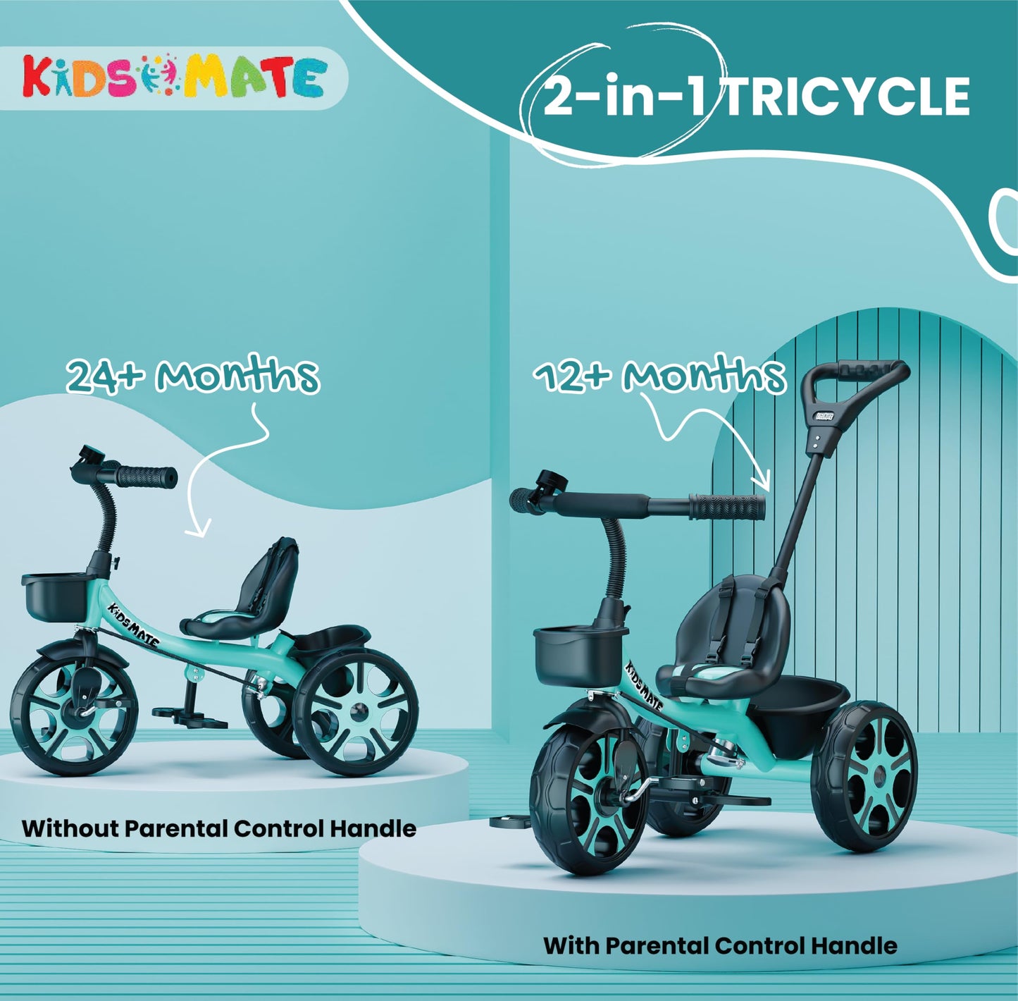 Kidsmate Xplorer 3-in-1 Tricycle for Kids | Durable Plug & Play Baby Trike with EVA Wheels, Safety Rail & Push Handle for Parents | Safe & Comfortable Ride for Toddlers 12-48 Months