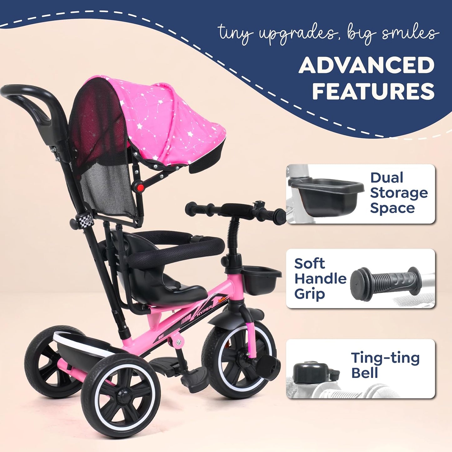 Luusa® TFT Hyper 500 PRO Canopy Plug N Play Tricycle/Baby Tricycle with Parental Control for Age Group 2+ Years Boys/Girls/Carrying Capacity Upto 30-KGS Proudly Made in India (ICE-Blue)