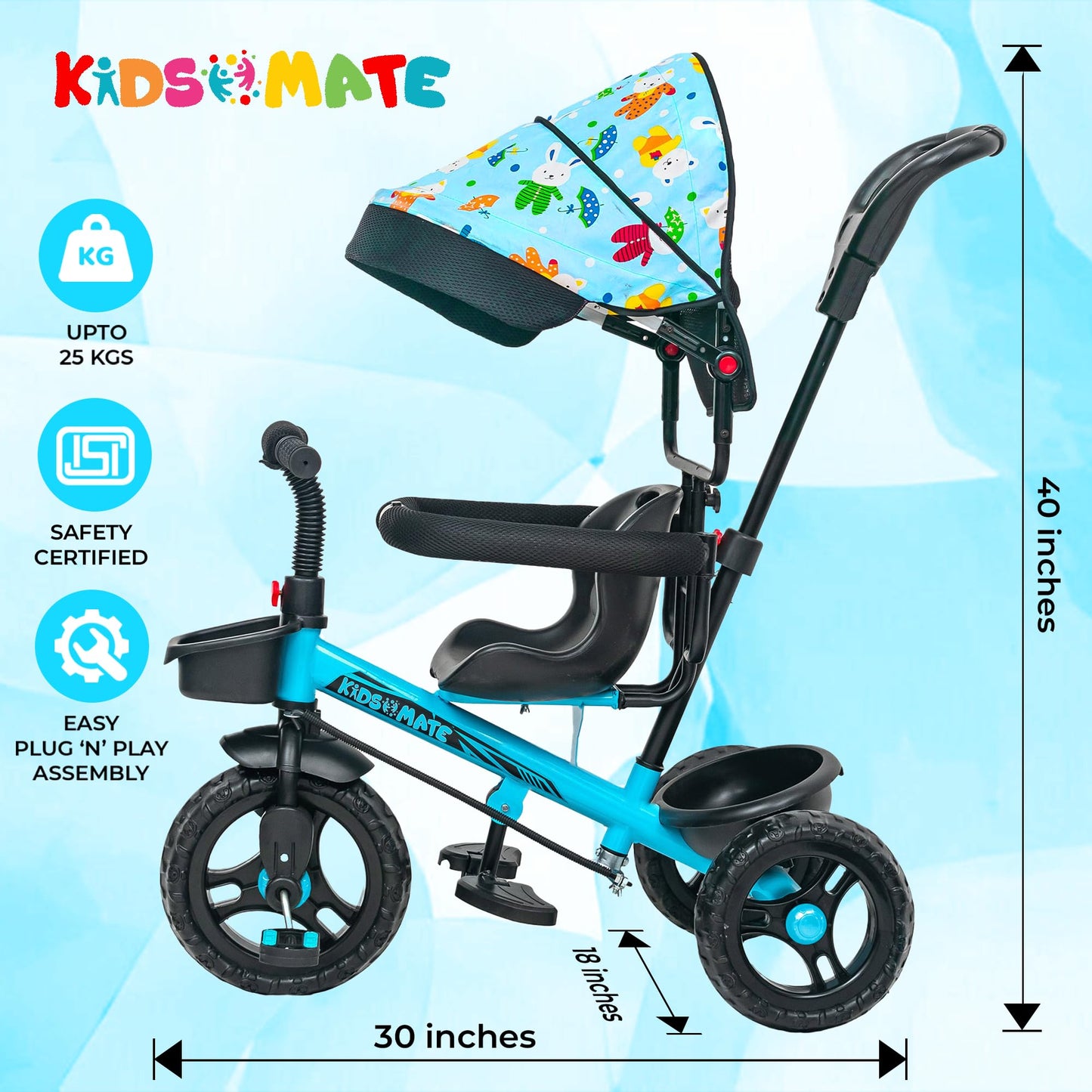 Kidsmate Xplorer 3-in-1 Tricycle for Kids | Durable Plug & Play Baby Trike with EVA Wheels, Safety Rail & Push Handle for Parents | Safe & Comfortable Ride for Toddlers 12-48 Months