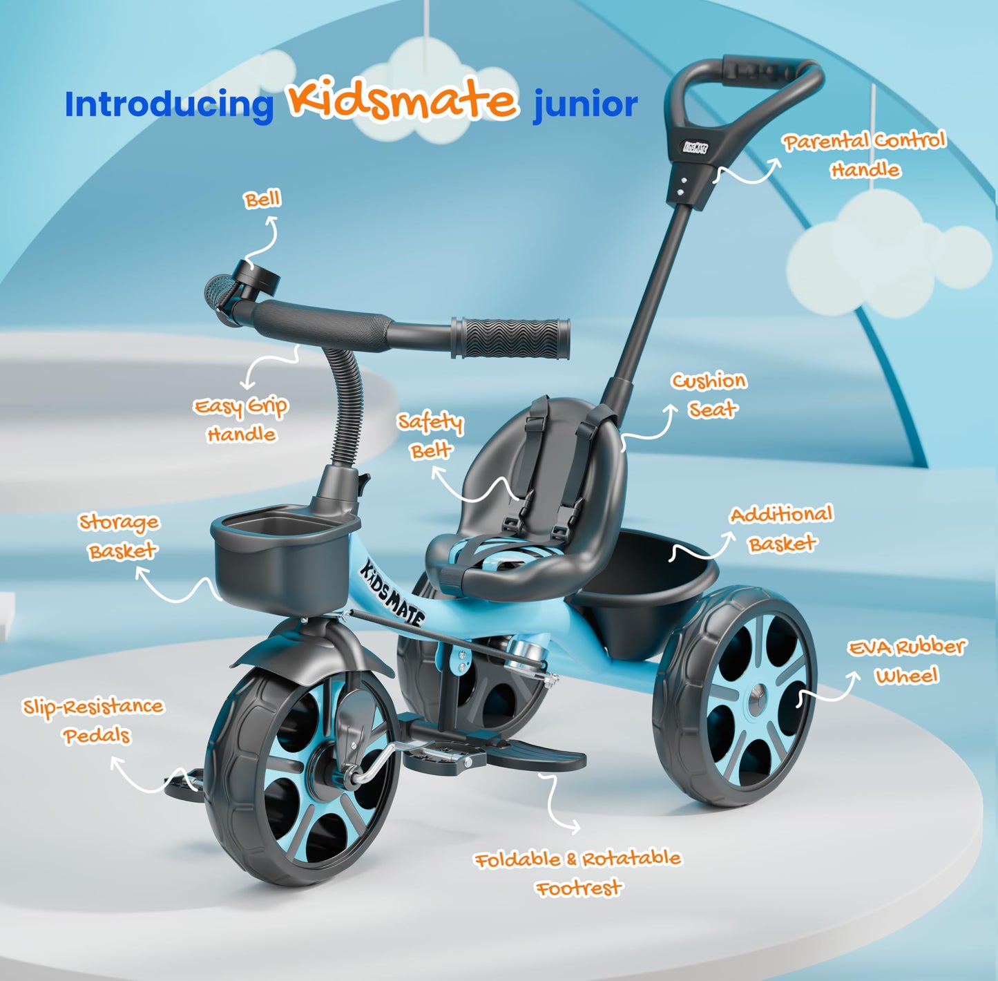 Kidsmate Xplorer 3-in-1 Tricycle for Kids | Durable Plug & Play Baby Trike with EVA Wheels, Safety Rail & Push Handle for Parents | Safe & Comfortable Ride for Toddlers 12-48 Months