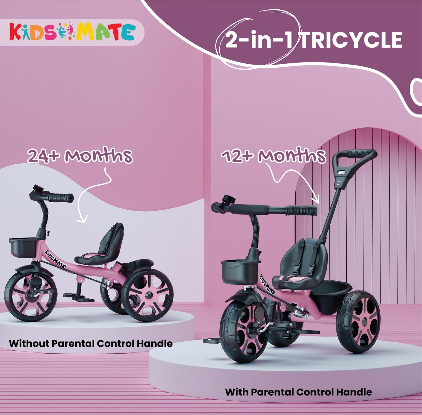 Kidsmate Xplorer 3-in-1 Tricycle for Kids | Durable Plug & Play Baby Trike with EVA Wheels, Safety Rail & Push Handle for Parents | Safe & Comfortable Ride for Toddlers 12-48 Months