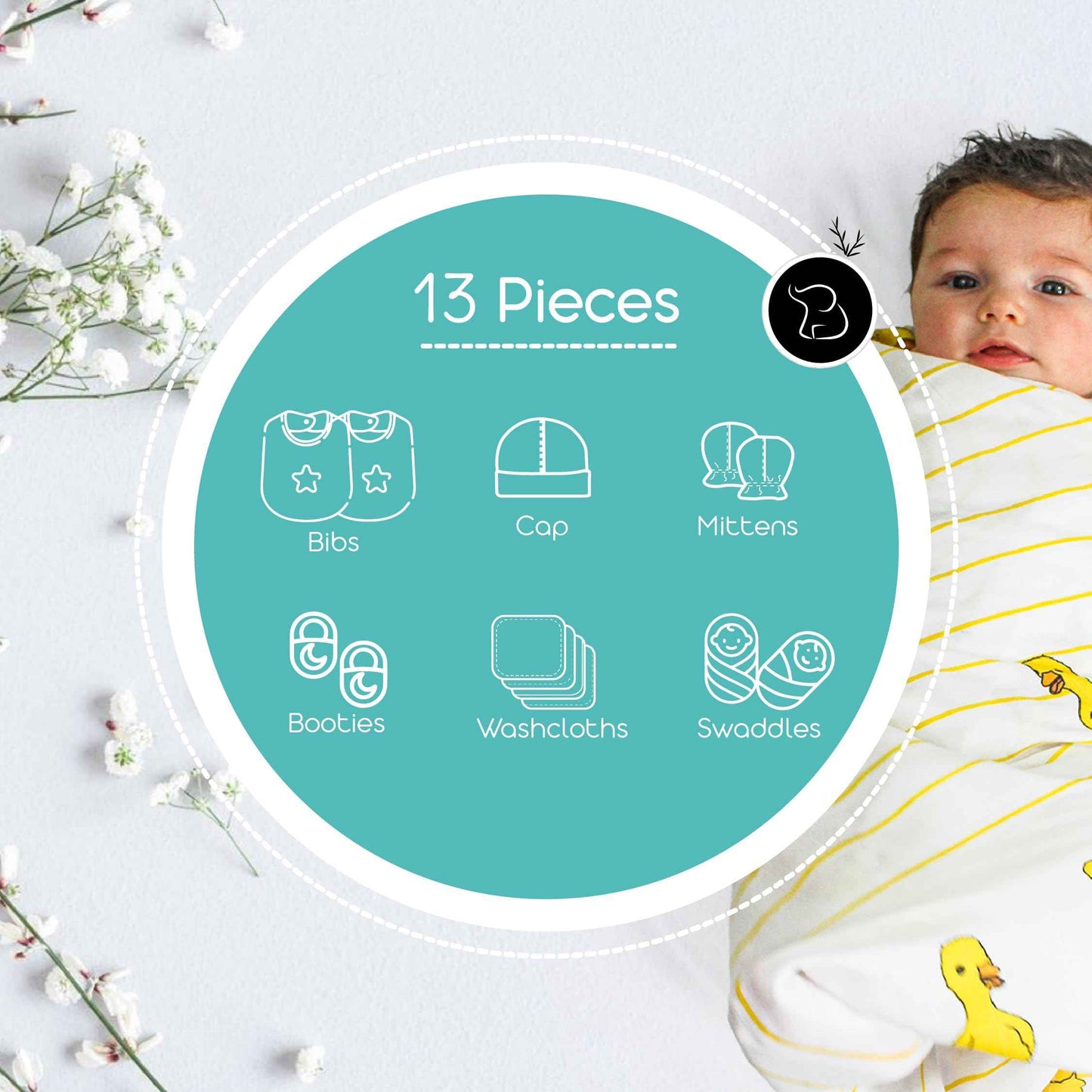 TINYLANE - Curated For You! Newborn Baby Products Gift Set (13 Pcs), Essential Clothing Gift Kit For Infants Of 0-3 Years, Swaddles, Bibs, Cap, Booties, Mittens & Washcloths, Ideal Baby Shower Gift Pack