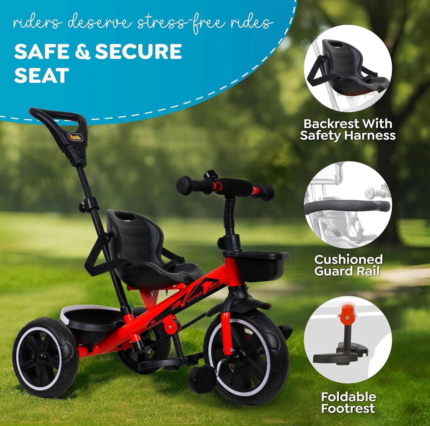 Luusa® TFT Hyper 500 PRO Canopy Plug N Play Tricycle/Baby Tricycle with Parental Control for Age Group 2+ Years Boys/Girls/Carrying Capacity Upto 30-KGS Proudly Made in India (ICE-Blue)