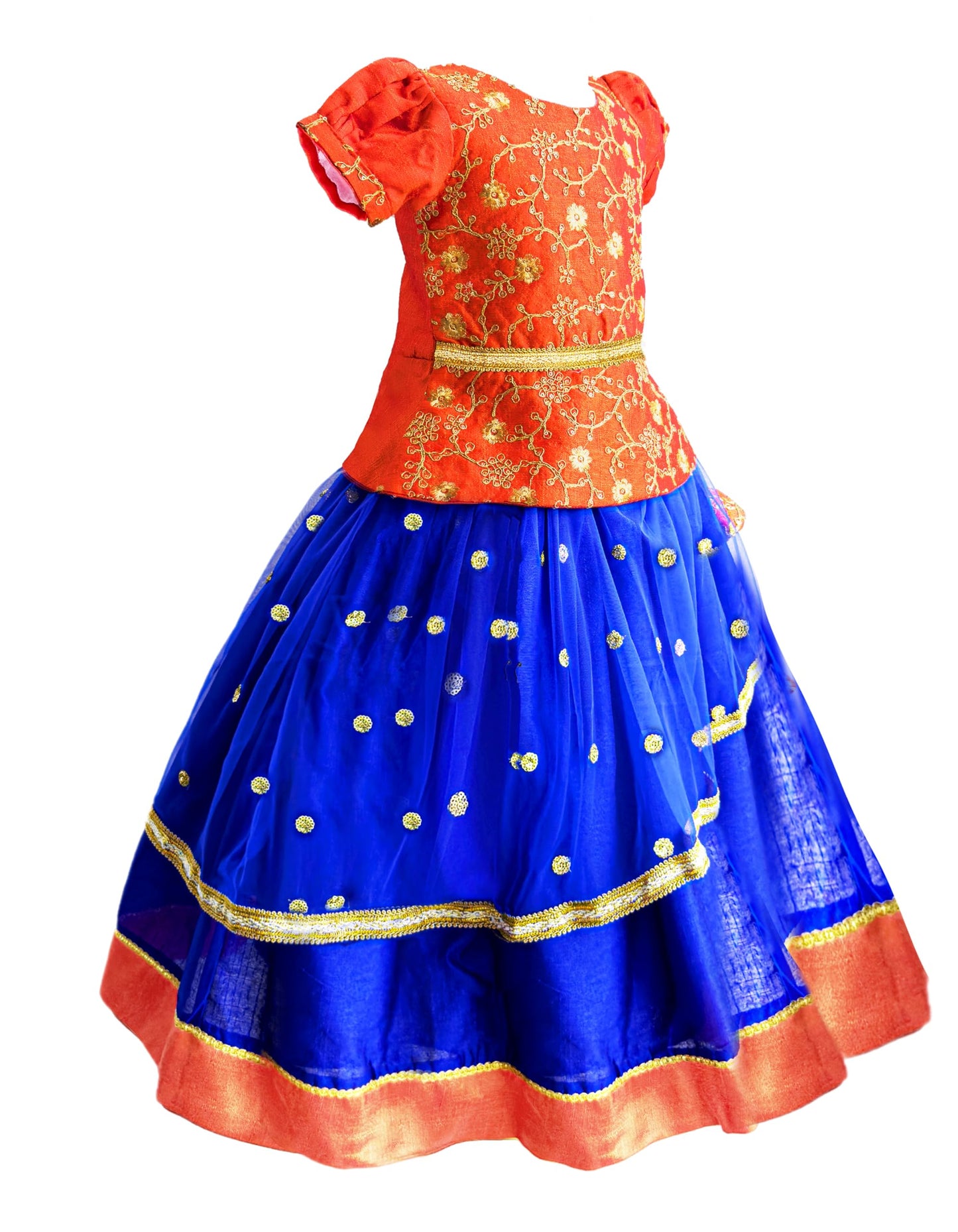 Stanwells Kids Girls Orange & Magenta Mirror Work Flared Net Sleeveless Lehenga Choli Set Pattupavadai for Girls