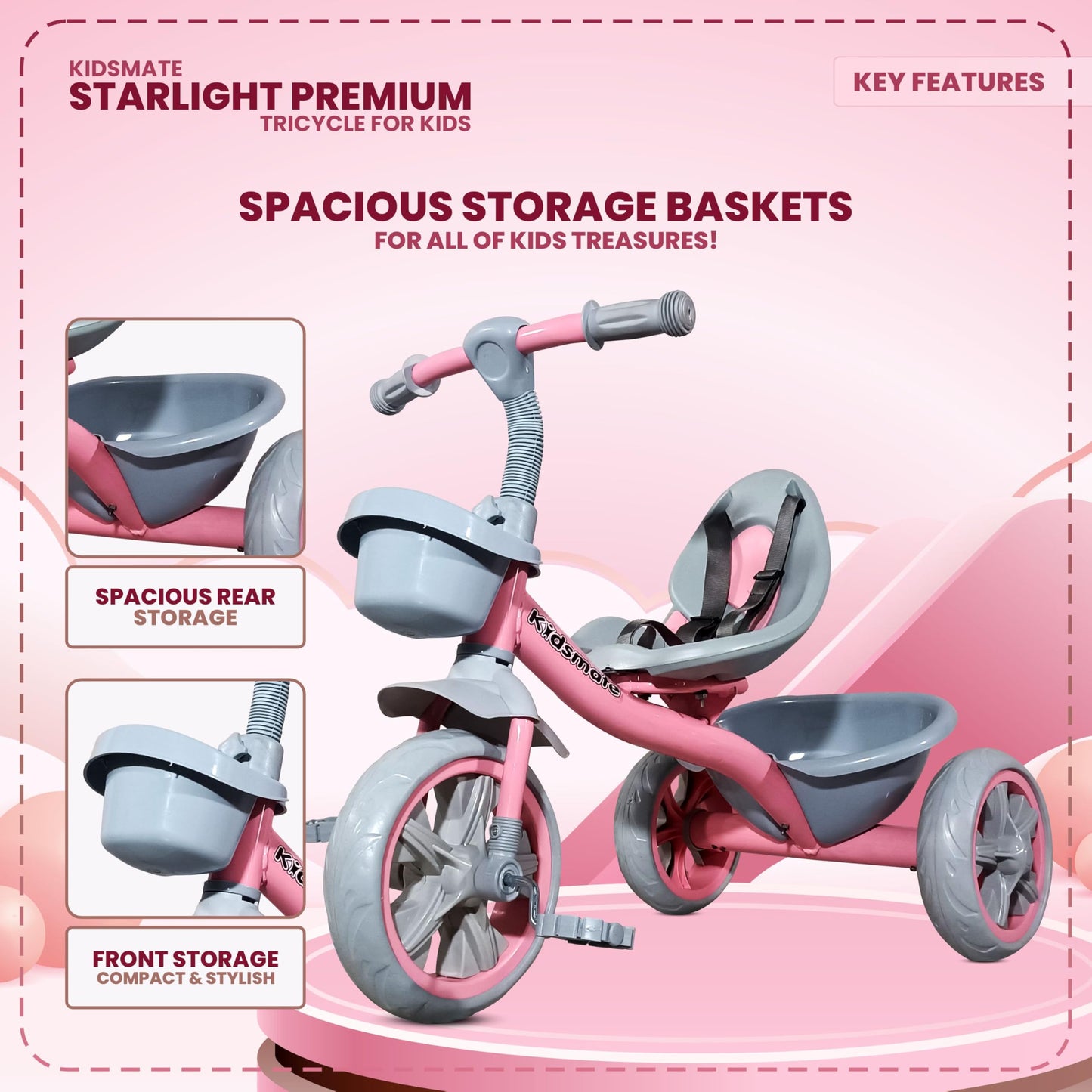 Kidsmate Xplorer 3-in-1 Tricycle for Kids | Durable Plug & Play Baby Trike with EVA Wheels, Safety Rail & Push Handle for Parents | Safe & Comfortable Ride for Toddlers 12-48 Months
