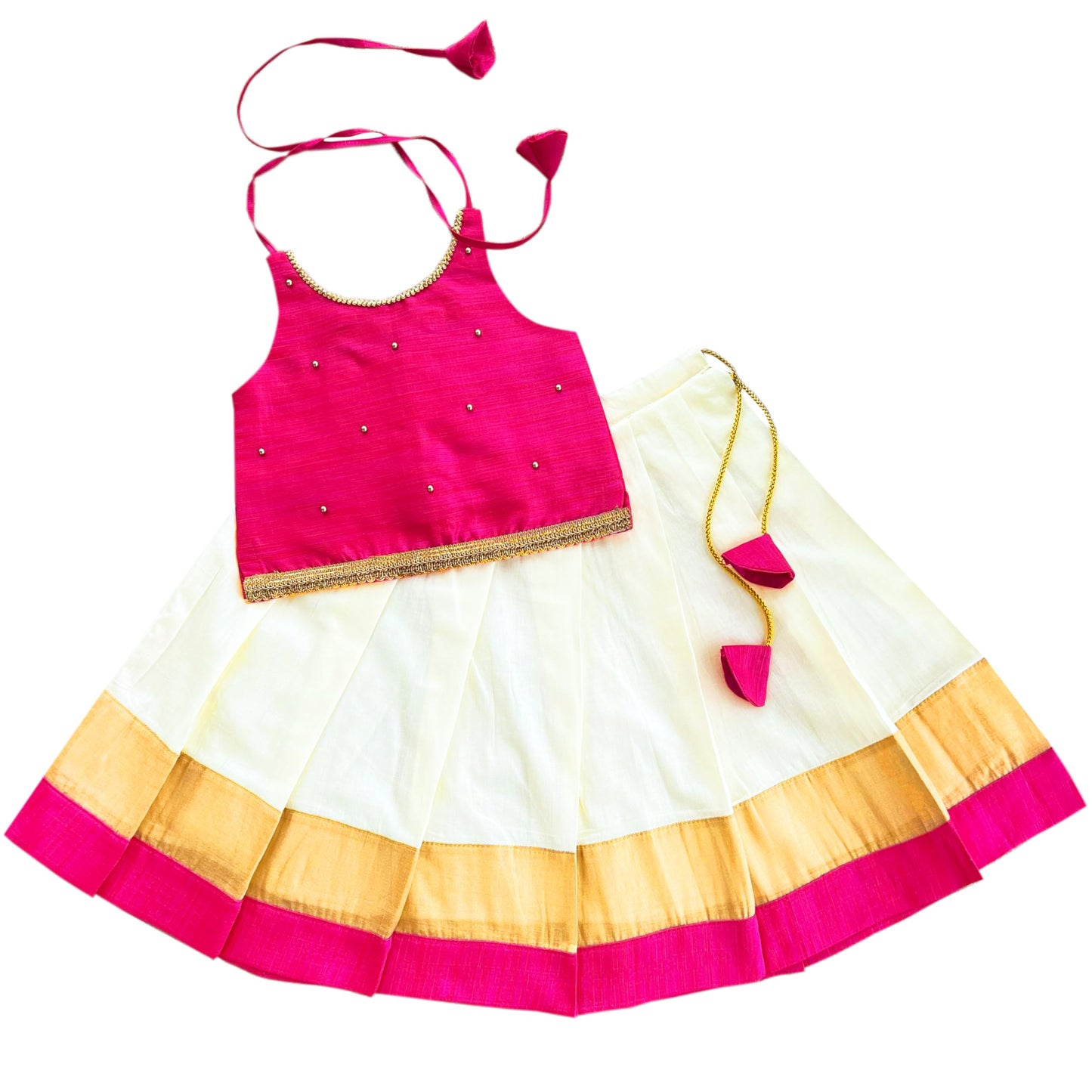 Stanwells Kids Girls Orange & Magenta Mirror Work Flared Net Sleeveless Lehenga Choli Set Pattupavadai for Girls
