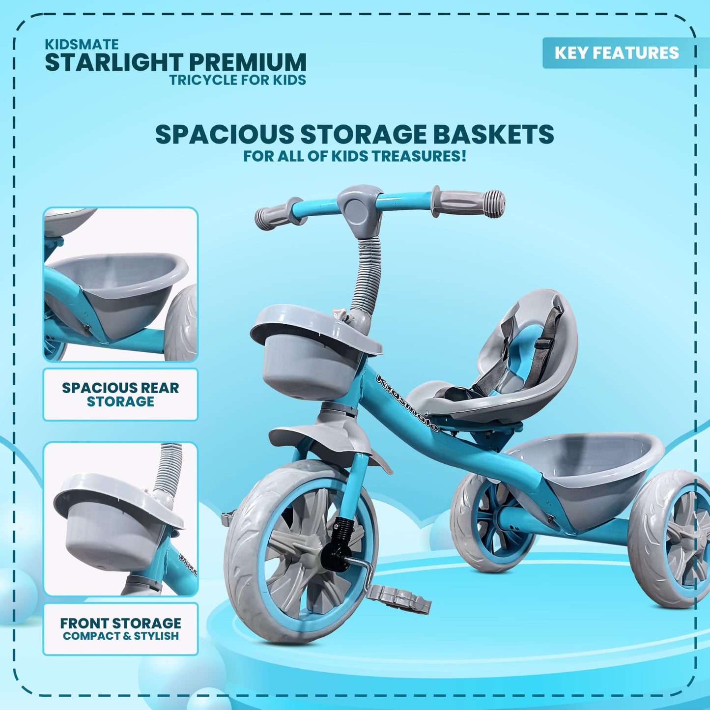 Kidsmate Xplorer 3-in-1 Tricycle for Kids | Durable Plug & Play Baby Trike with EVA Wheels, Safety Rail & Push Handle for Parents | Safe & Comfortable Ride for Toddlers 12-48 Months