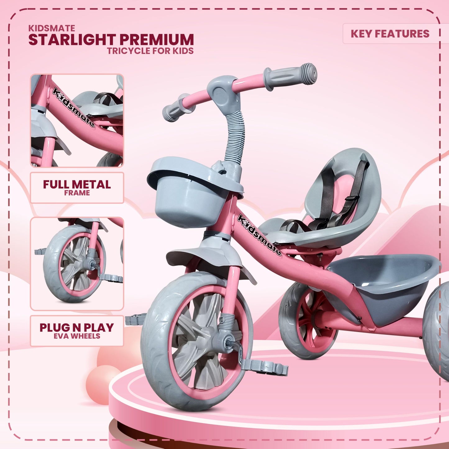 Kidsmate Xplorer 3-in-1 Tricycle for Kids | Durable Plug & Play Baby Trike with EVA Wheels, Safety Rail & Push Handle for Parents | Safe & Comfortable Ride for Toddlers 12-48 Months