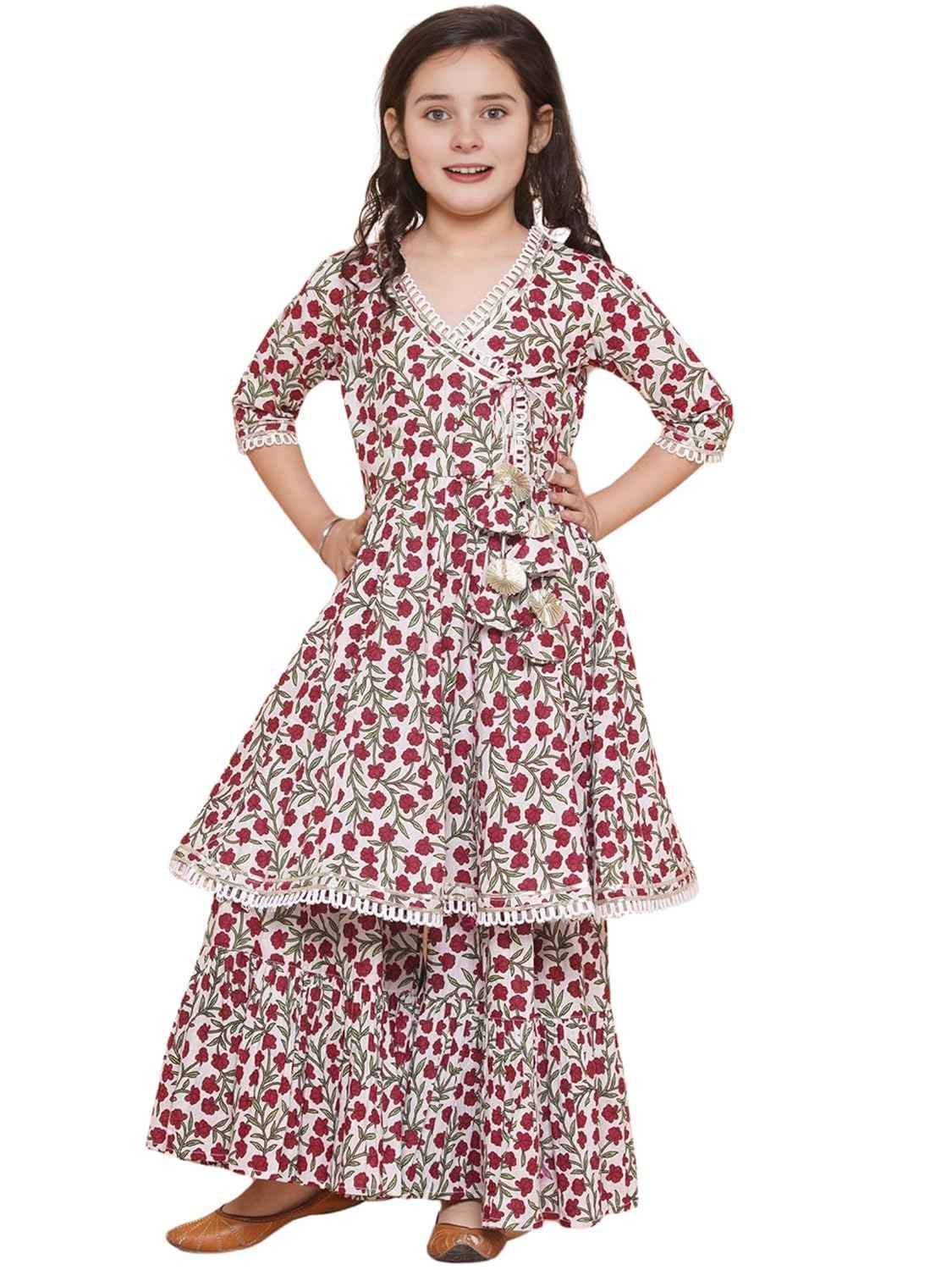 Naixa Girls Rayon Fabric Floral Printed 3/4 Sleeve Sharara Dress Set For All Occasion salwar suit