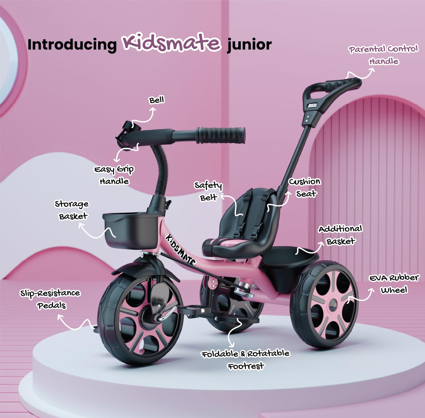 Kidsmate Xplorer 3-in-1 Tricycle for Kids | Durable Plug & Play Baby Trike with EVA Wheels, Safety Rail & Push Handle for Parents | Safe & Comfortable Ride for Toddlers 12-48 Months