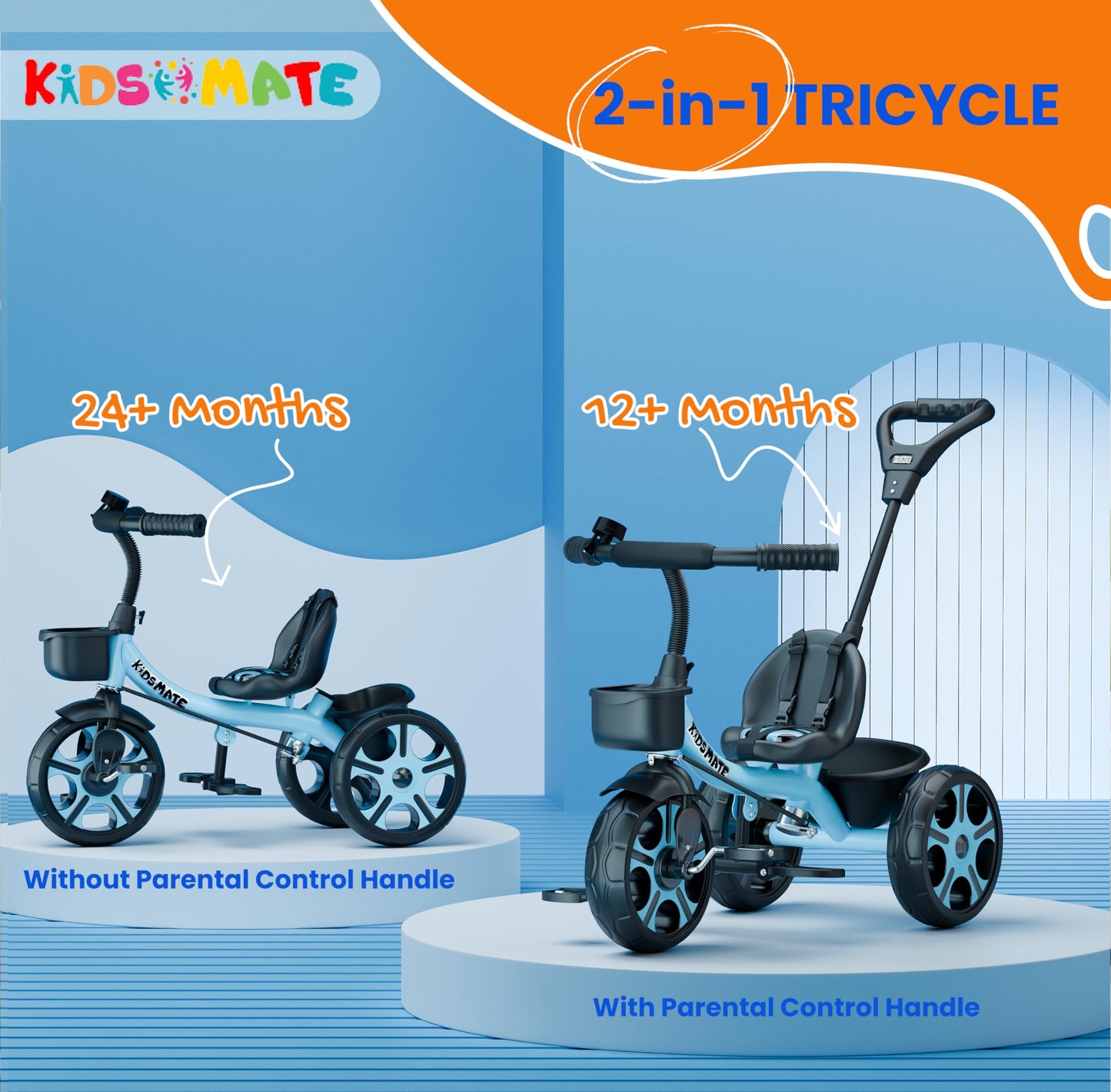 Kidsmate Xplorer 3-in-1 Tricycle for Kids | Durable Plug & Play Baby Trike with EVA Wheels, Safety Rail & Push Handle for Parents | Safe & Comfortable Ride for Toddlers 12-48 Months