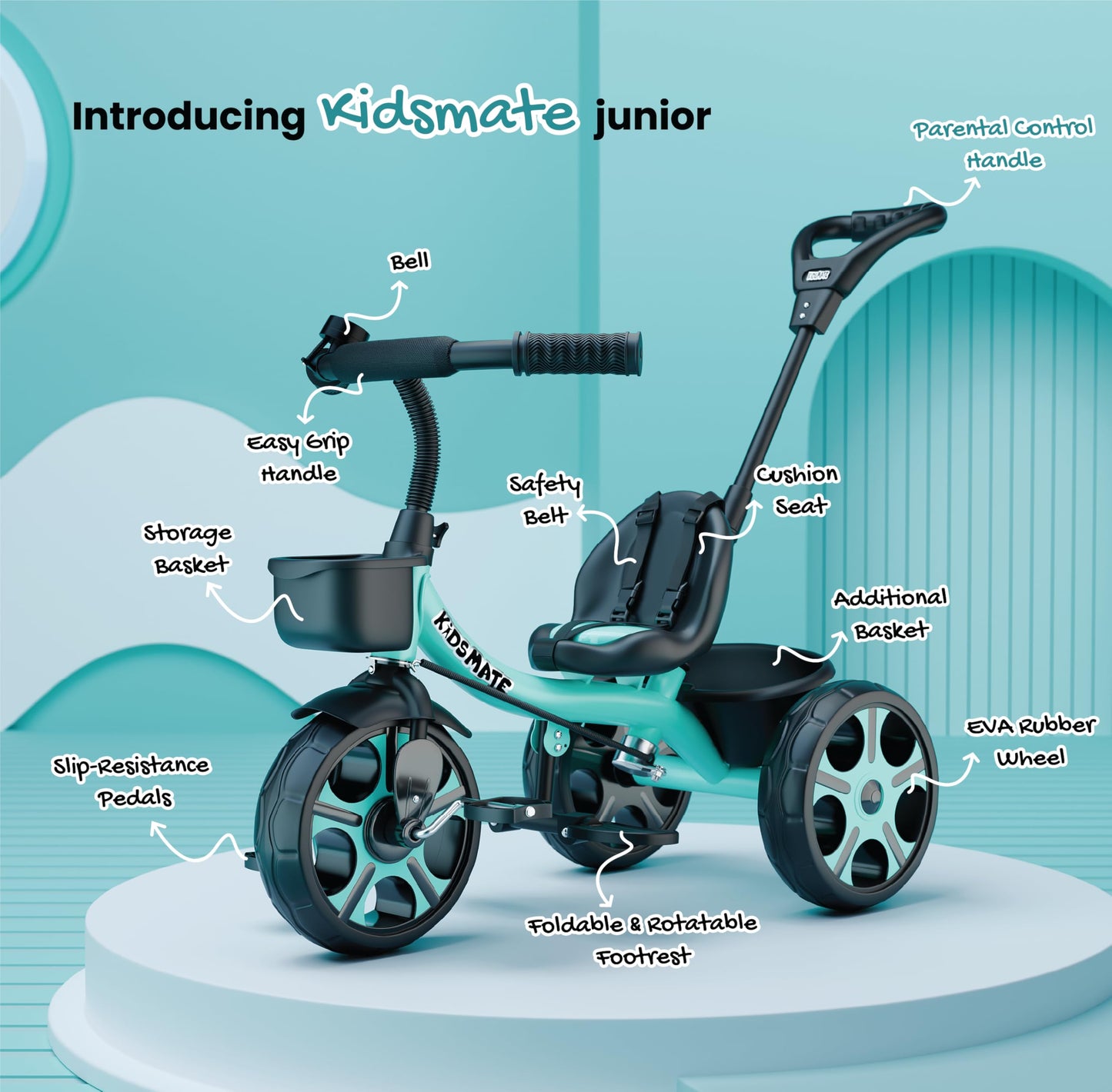 Kidsmate Xplorer 3-in-1 Tricycle for Kids | Durable Plug & Play Baby Trike with EVA Wheels, Safety Rail & Push Handle for Parents | Safe & Comfortable Ride for Toddlers 12-48 Months