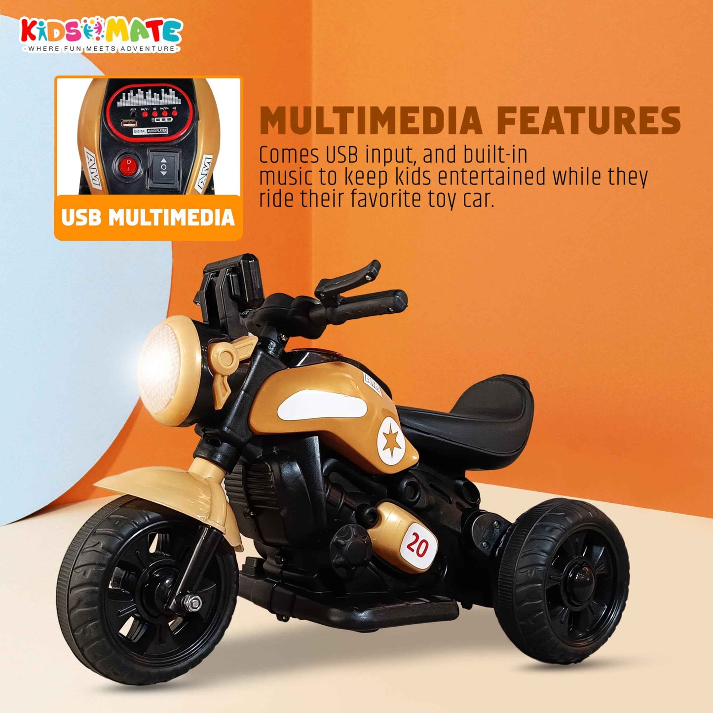 Kidsmate Urban Cruiser Electric Ride-On Bike for Kids | Stylish Chopper Design with LED Lights, Music & USB Bluetooth | 6V Battery-Powered Kids Motor Bike for Boys & Girls 1-5 Yrs - Red