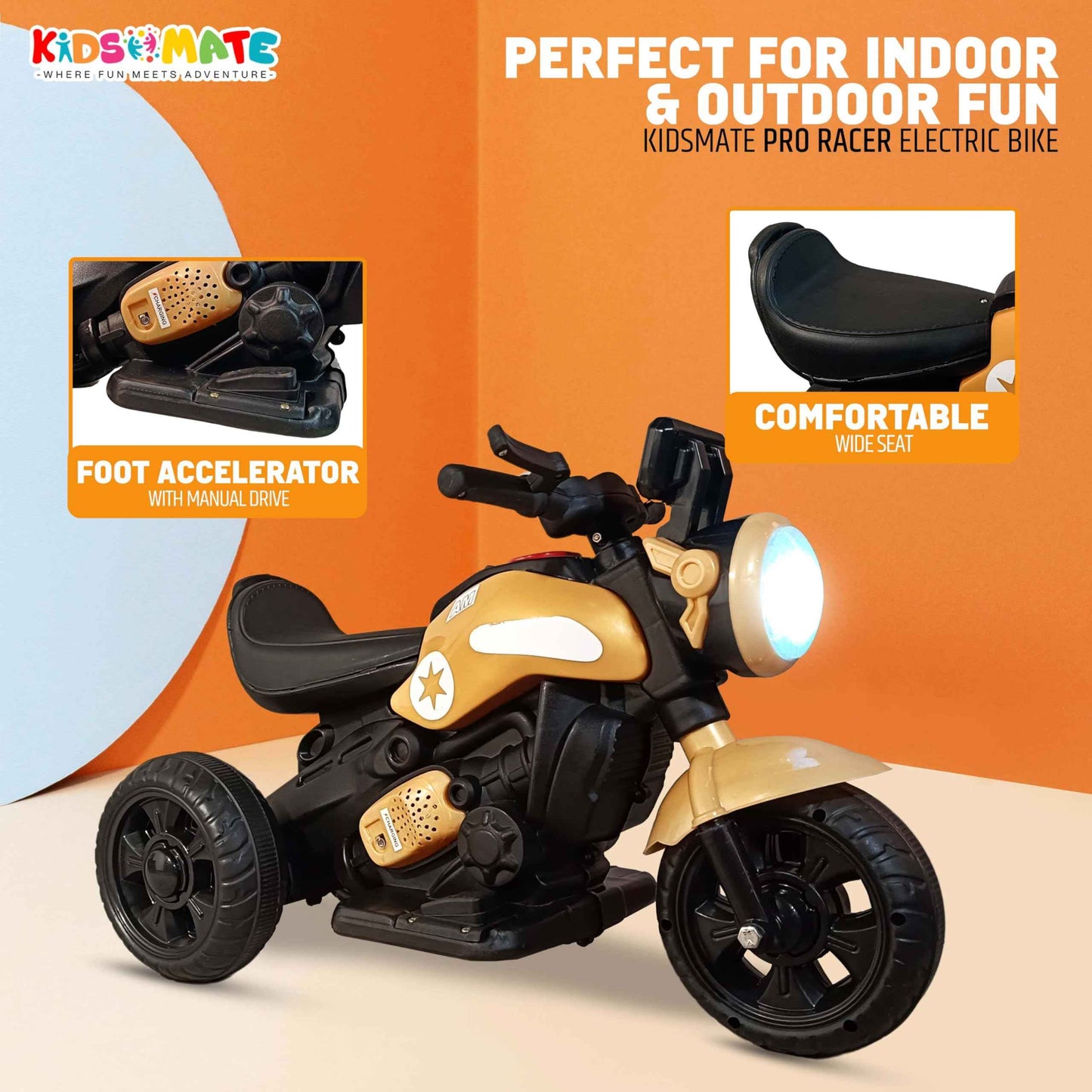 Kidsmate Urban Cruiser Electric Ride-On Bike for Kids | Stylish Chopper Design with LED Lights, Music & USB Bluetooth | 6V Battery-Powered Kids Motor Bike for Boys & Girls 1-5 Yrs - Red