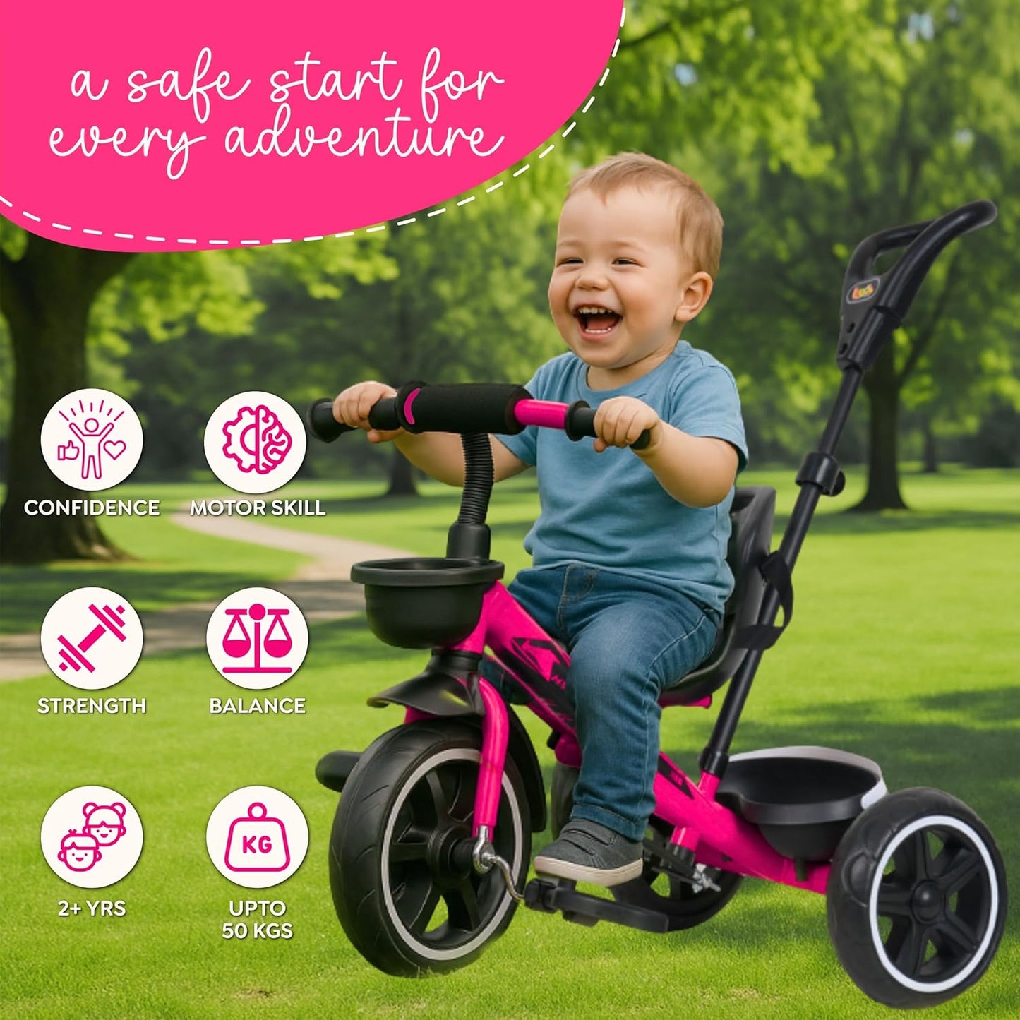 Luusa® TFT Hyper 500 PRO Canopy Plug N Play Tricycle/Baby Tricycle with Parental Control for Age Group 2+ Years Boys/Girls/Carrying Capacity Upto 30-KGS Proudly Made in India (ICE-Blue)