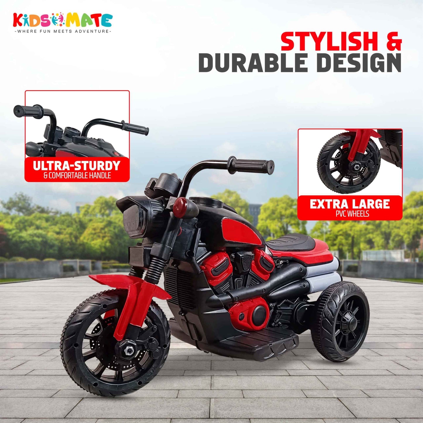 Kidsmate Urban Cruiser Electric Ride-On Bike for Kids | Stylish Chopper Design with LED Lights, Music & USB Bluetooth | 6V Battery-Powered Kids Motor Bike for Boys & Girls 1-5 Yrs - Red