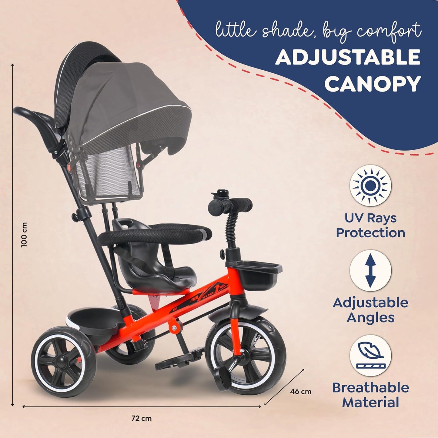 Luusa® TFT Hyper 500 PRO Canopy Plug N Play Tricycle/Baby Tricycle with Parental Control for Age Group 2+ Years Boys/Girls/Carrying Capacity Upto 30-KGS Proudly Made in India (ICE-Blue)