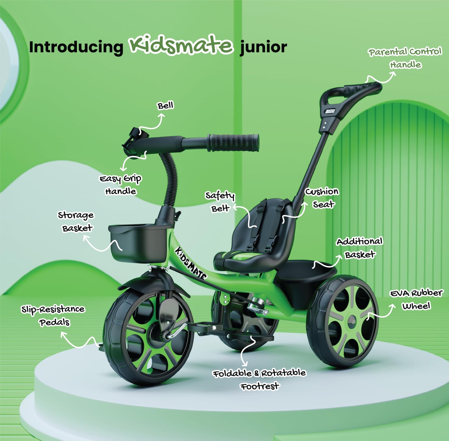 Kidsmate Xplorer 3-in-1 Tricycle for Kids | Durable Plug & Play Baby Trike with EVA Wheels, Safety Rail & Push Handle for Parents | Safe & Comfortable Ride for Toddlers 12-48 Months