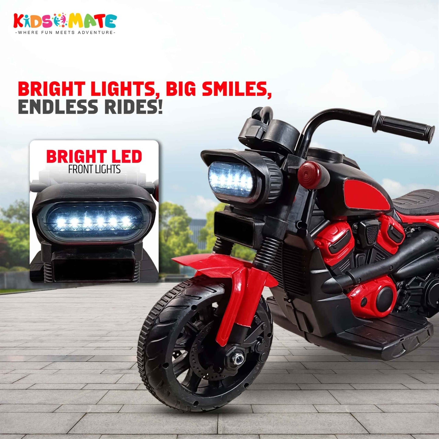 Kidsmate Urban Cruiser Electric Ride-On Bike for Kids | Stylish Chopper Design with LED Lights, Music & USB Bluetooth | 6V Battery-Powered Kids Motor Bike for Boys & Girls 1-5 Yrs - Red